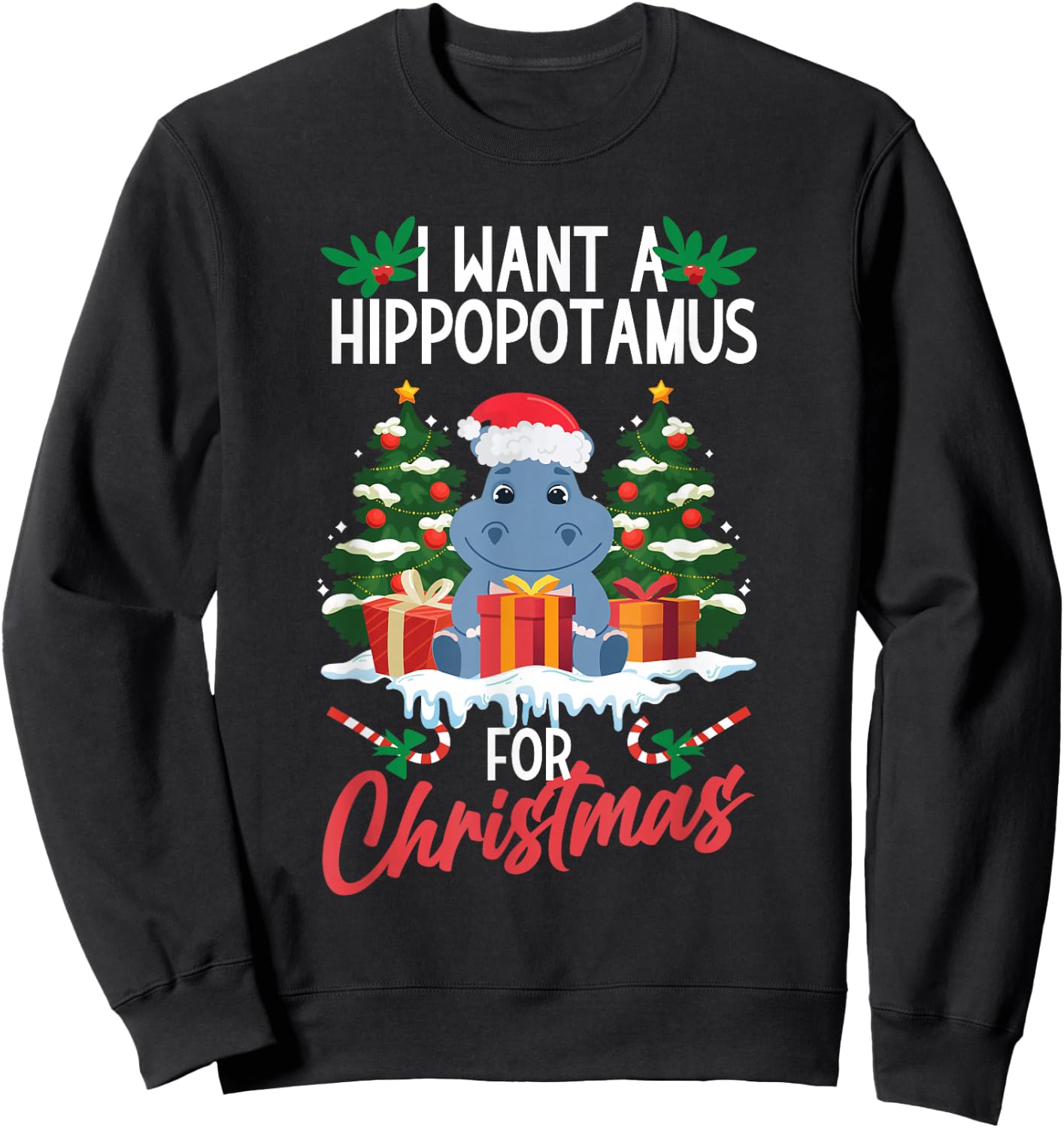 Hippopotamus Merry Christmas Santa Xmas Family Adults Kids Sweatshirt - Sweatshirt | Black