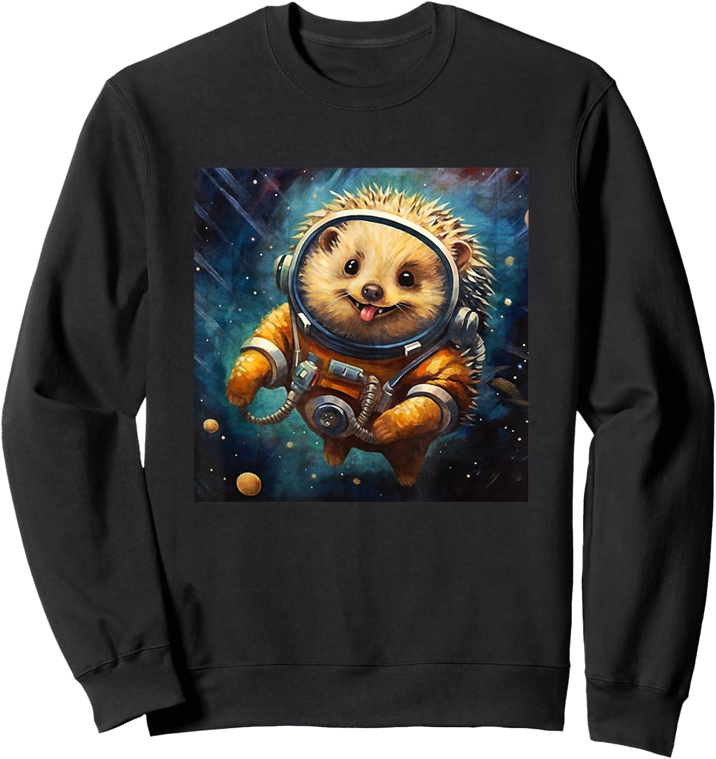 Colorful Sketch Oil Painting Of A Hedgehog In Space Funny Sweatshirt - Sweatshirt | Black