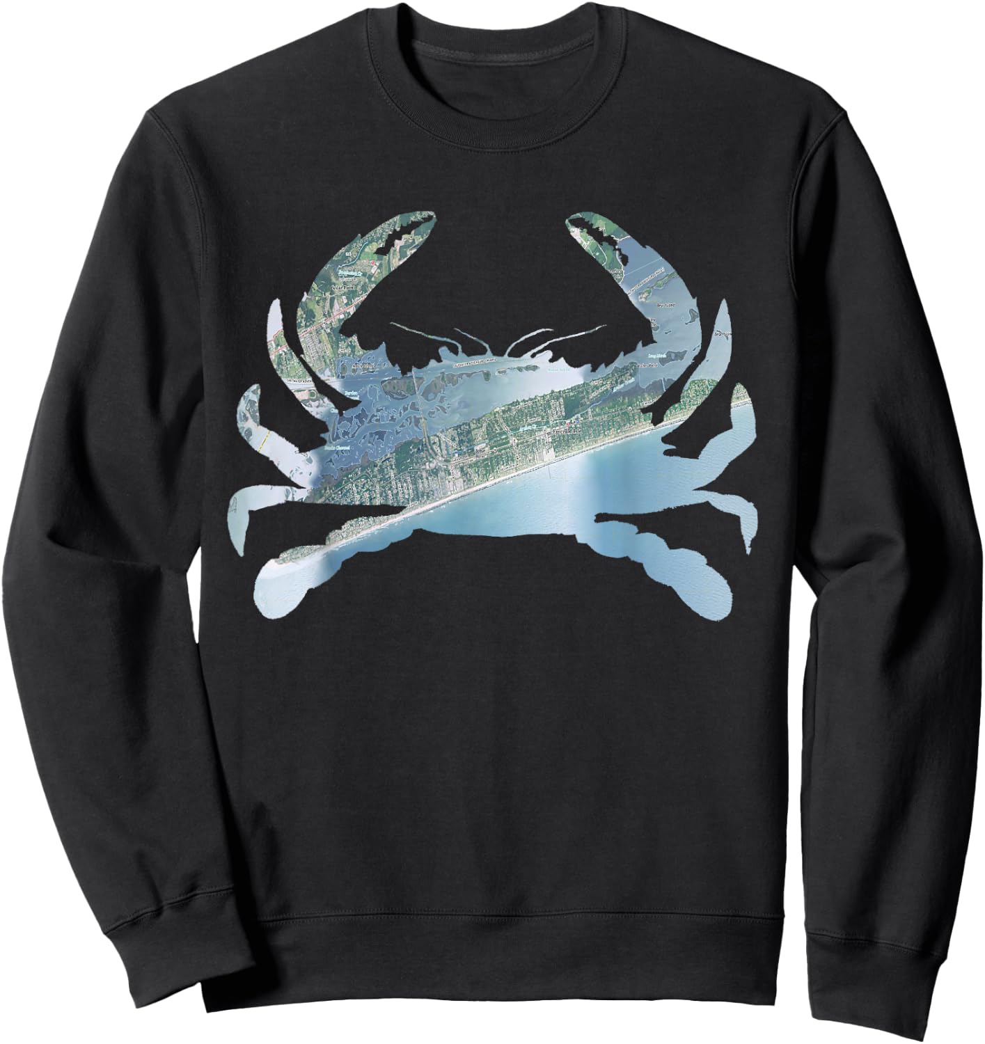 Emerald Isle NC Blue Crab Silhouette Satellite Map Sweatshirt - Sweatshirt | Black