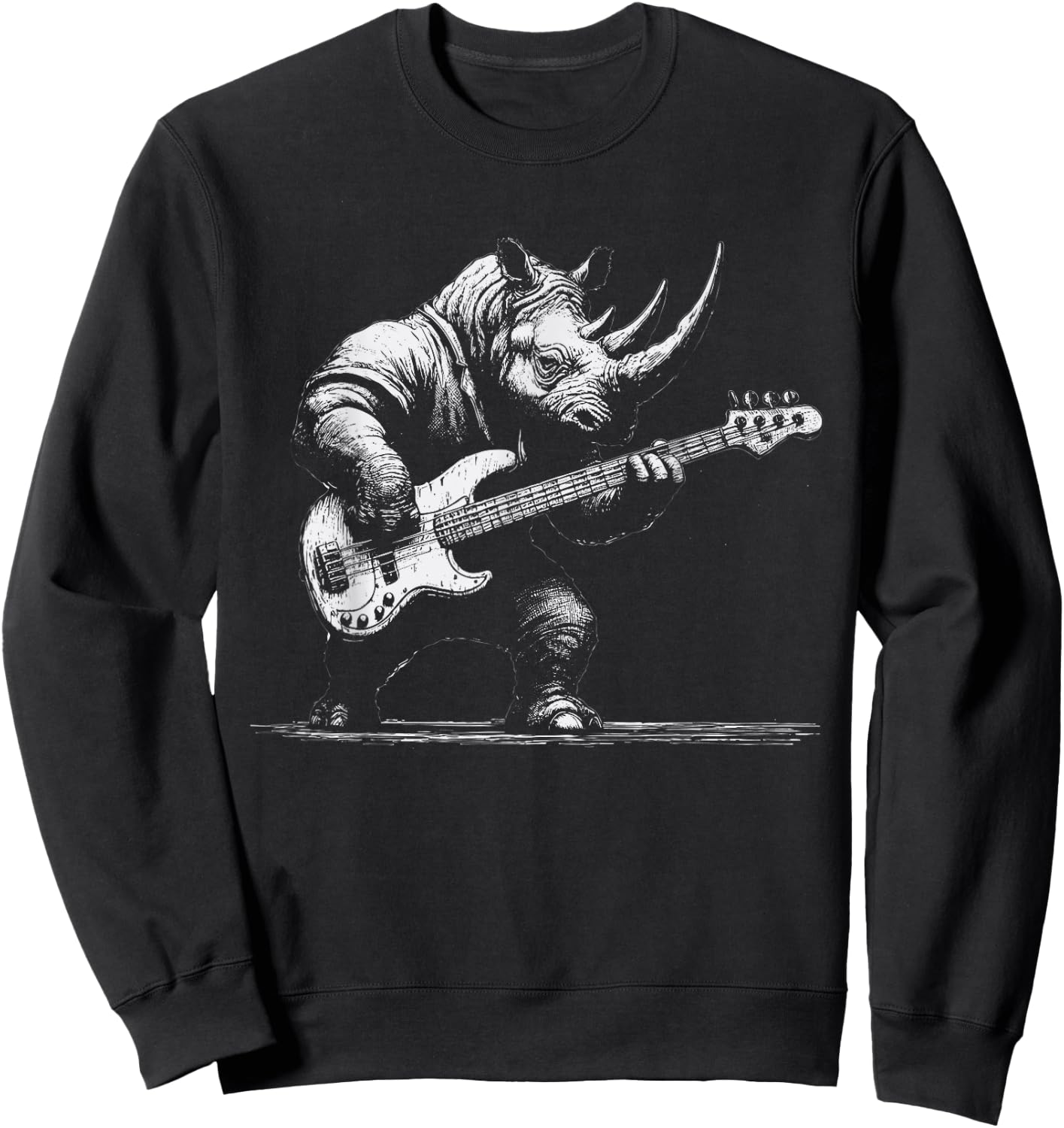 Rock Rhino Playing Bass Guitar - Funny Guitar Rhino Music Sweatshirt - Sweatshirt | Black