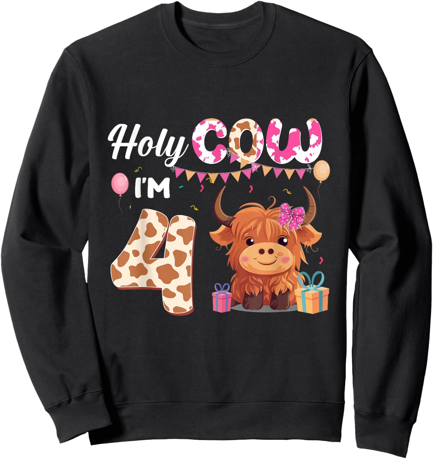 Holy Cow I'm 4 Year Old Birthday Highland Cow 4th Bday Kid Sweatshirt - Sweatshirt | Black