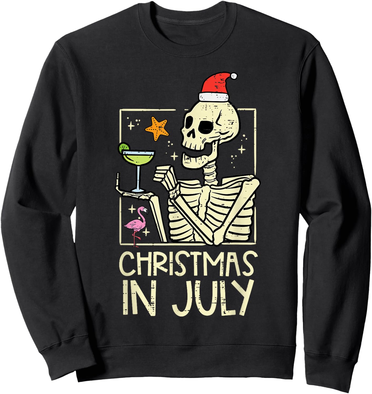 Christmas July Skeleton Flamingo Funny Summer Xmas Women Men Sweatshirt - Sweatshirt | Black