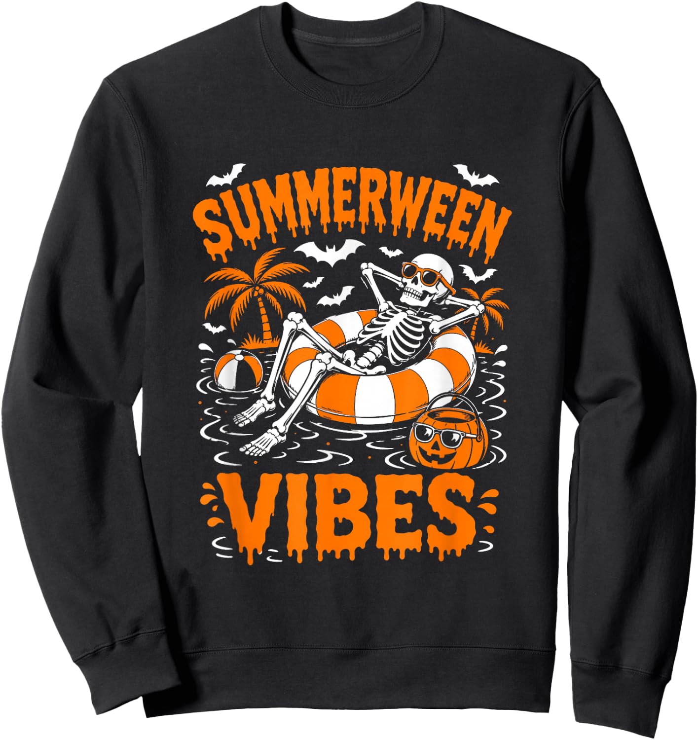 Summerween Vibes Skeleton Floating Pool Pumpkin Halloween Sweatshirt - Sweatshirt | Black