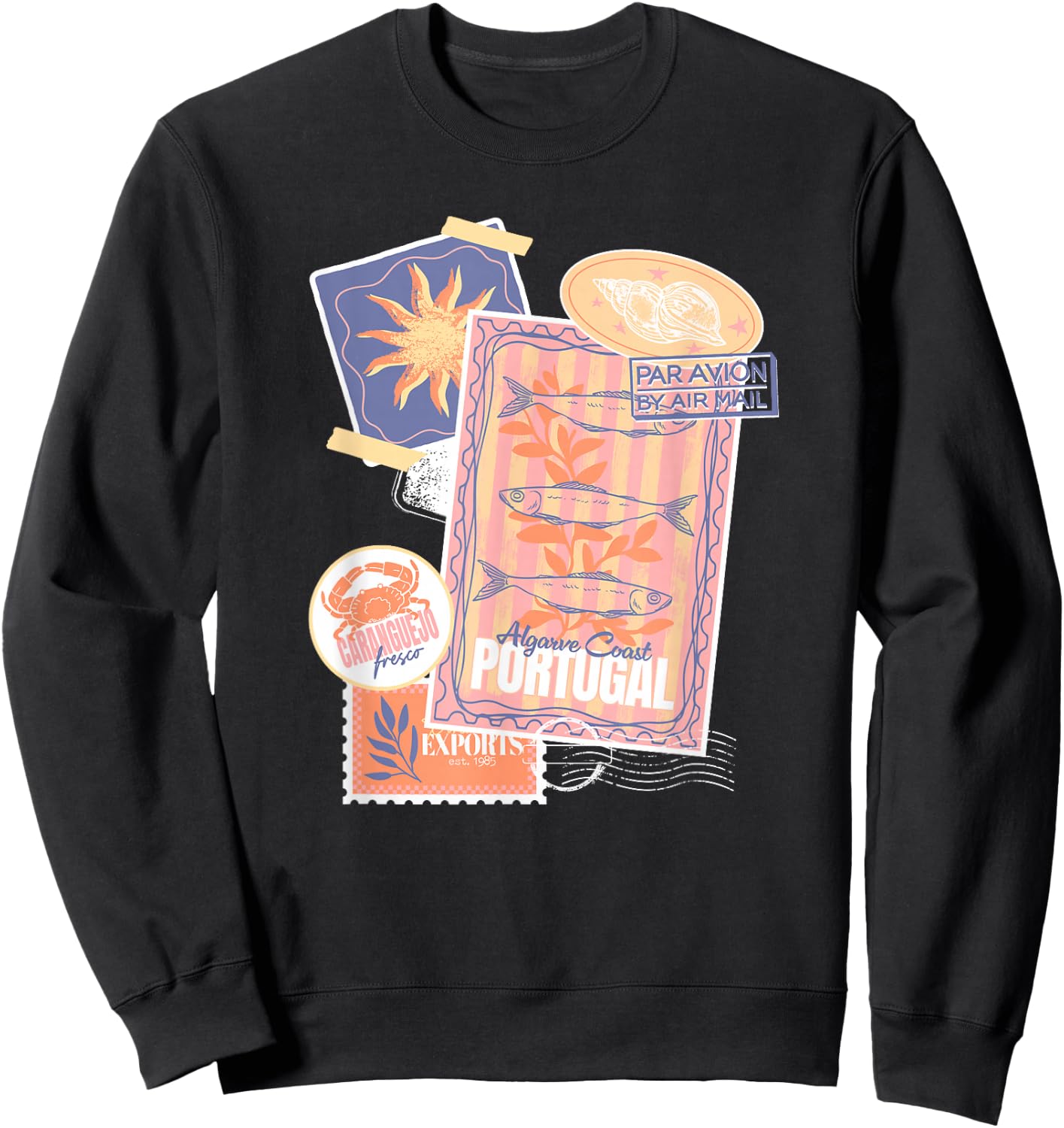 Vintage Postcard and Stamp Aesthetic Collage Travel Vacation Sweatshirt - Sweatshirt | Black