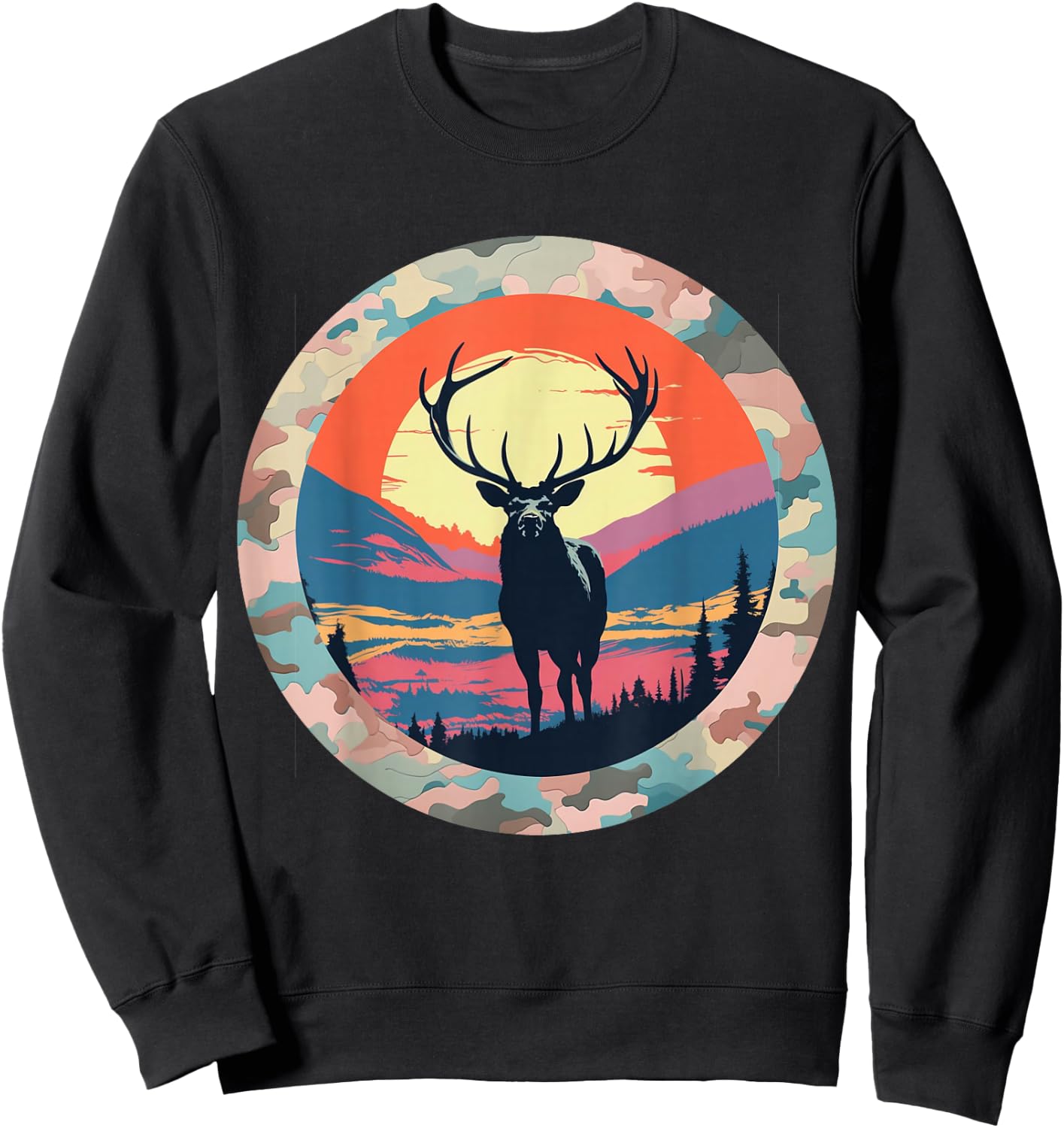 Elk Silhouette Under Full Moon – Nature at Night Wildlife Sweatshirt - Sweatshirt | Black