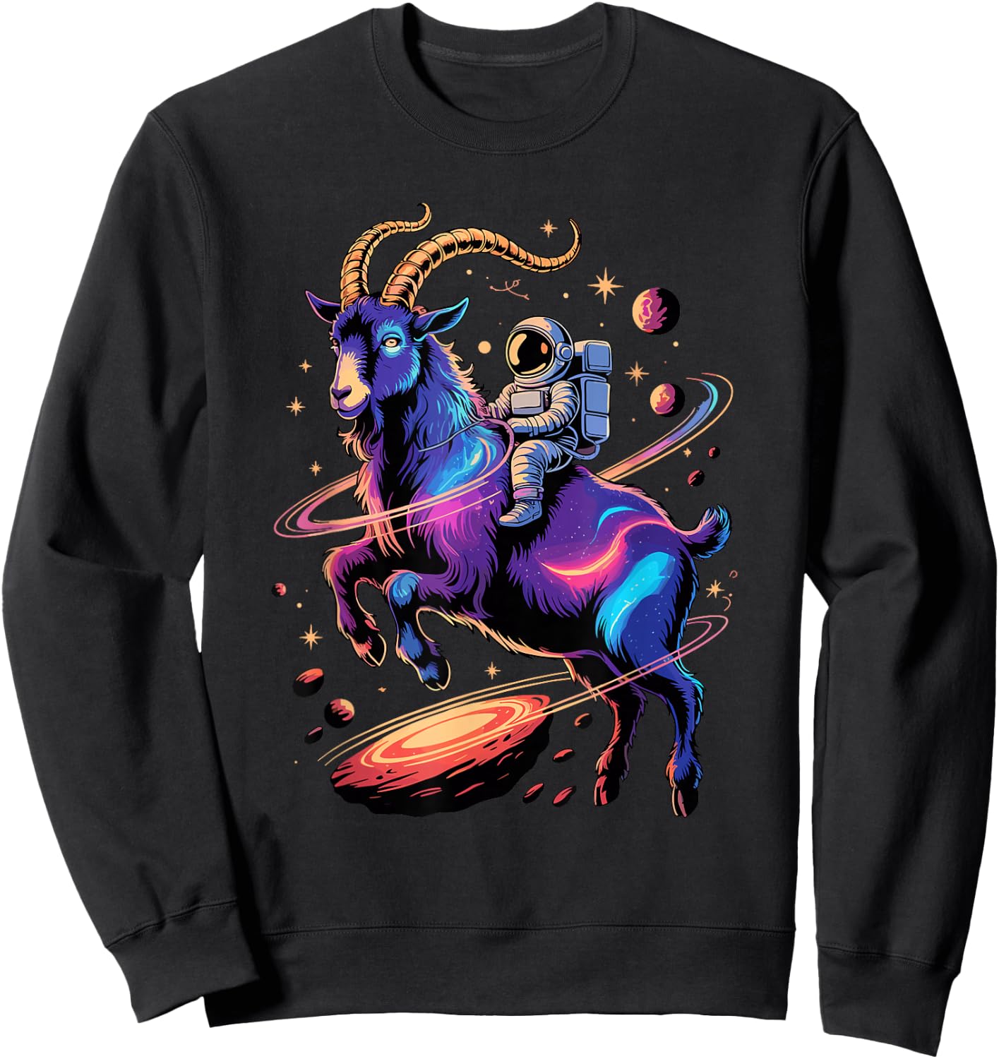 Astronaut Rides Goat Space Stars Comets Galaxy Planets Sweatshirt - Sweatshirt | Black