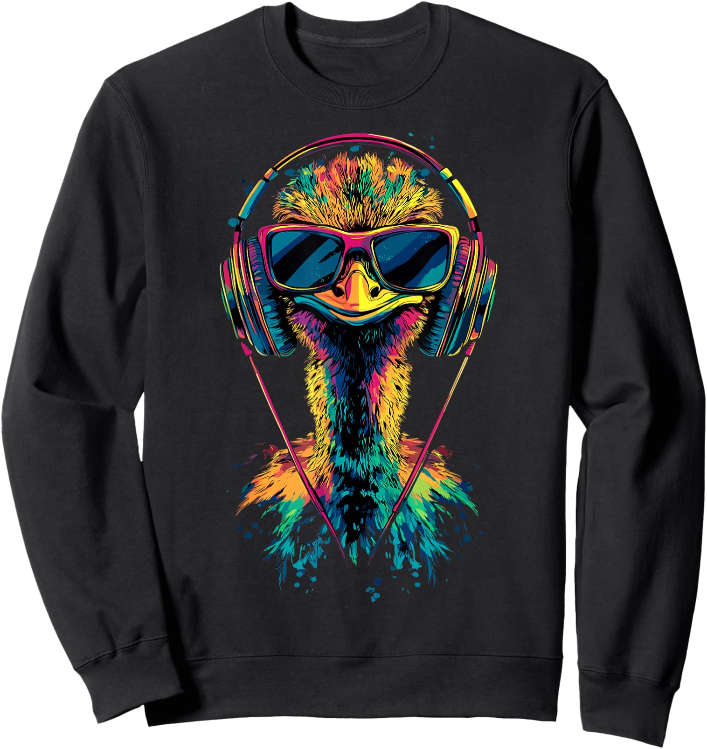 Strauss Bird Ostrich with Headphones Colourful Emu Music DJ Bouquets , black Sweatshirt - Sweatshirt | Black