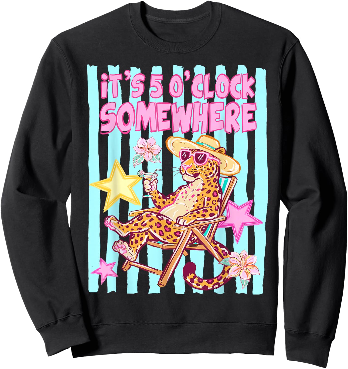 Striped It’s 5 O’Clock Somewhere Beach Vibes Leopard Sweatshirt - Sweatshirt | Black