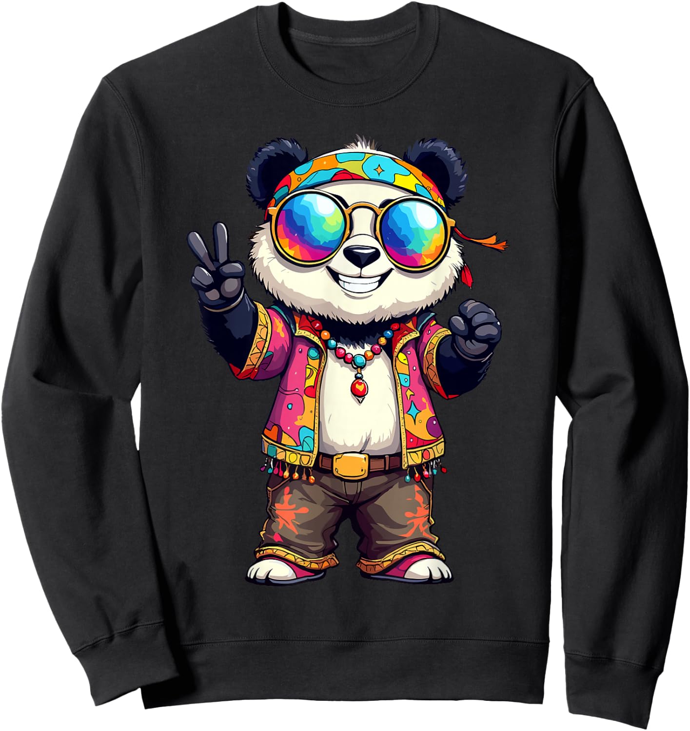 70s 60s Hippie Party Costume Groovy Panda Hippie Sweatshirt - Sweatshirt | Black