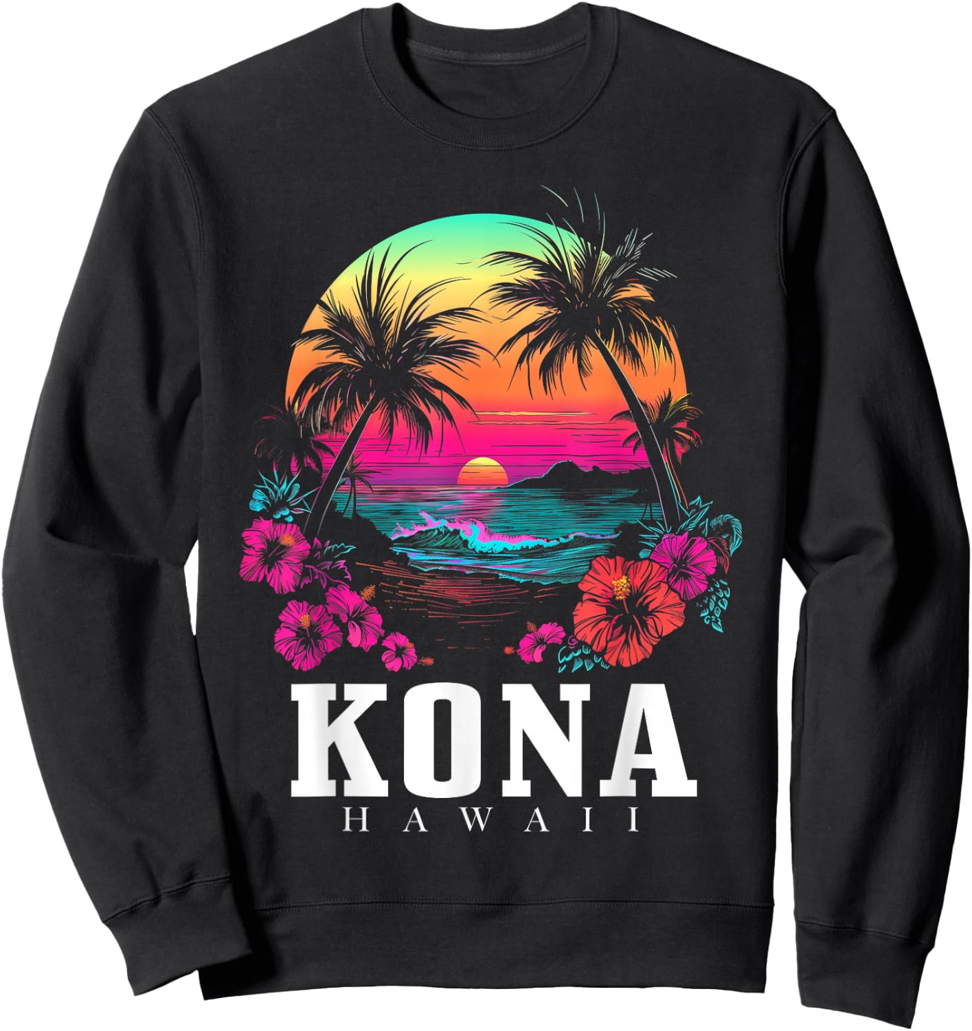 Kona Hawaii Hawaiian Hibiscus Flowers Surfer Souvenir Sweatshirt - Sweatshirt | Black