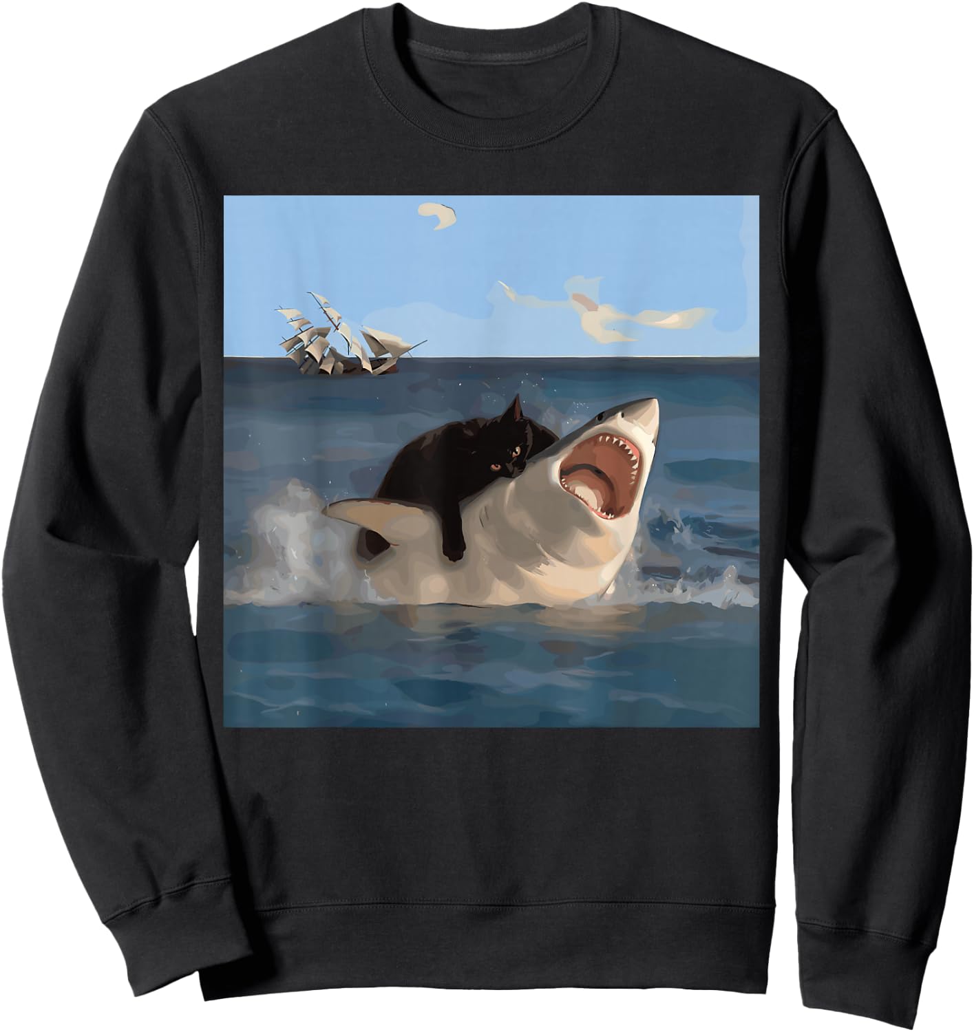 Cat Biting Shark Lustiger Kunst- und Katzenliebhaber Lustige Katze und Hai Sweatshirt - Sweatshirt | Black