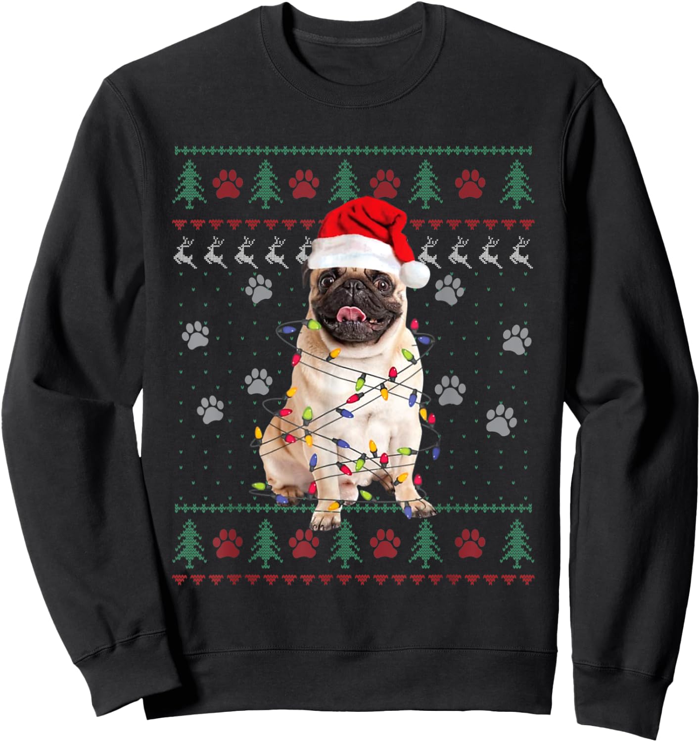 Pug Dog Ugly Christmas Sweater Santa Hat Animal Xmas Pajama Sweatshirt - Sweatshirt | Black