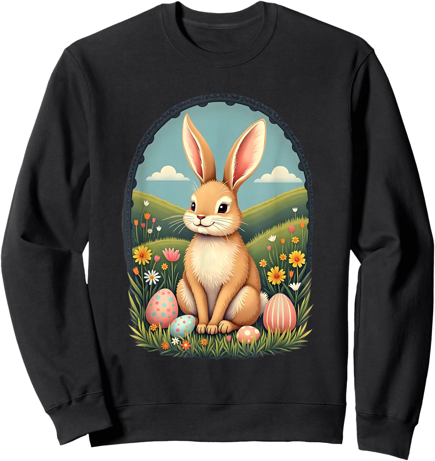 Cute and Playful Adorable Easter Bunny with Painted Eggs Sweatshirt - Sweatshirt | Black