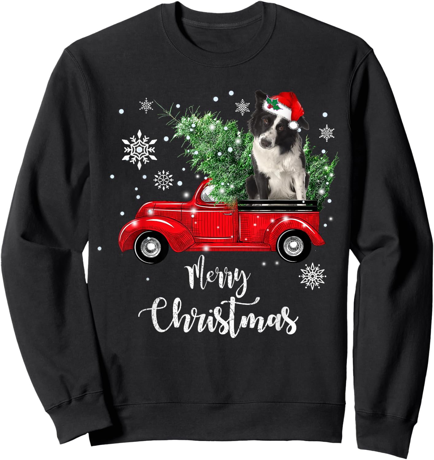 Red Truck Merry Christmas Tree Border Collie Dog Christmas Sweatshirt - Sweatshirt | Black