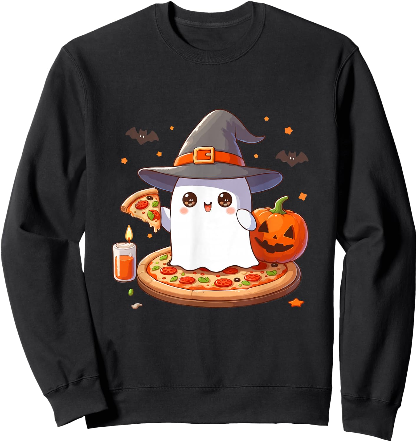 Halloween Cute Ghost Eating Pizza, Cute Ghost Pumpkin Pizza Sweatshirt - Sweatshirt | Black