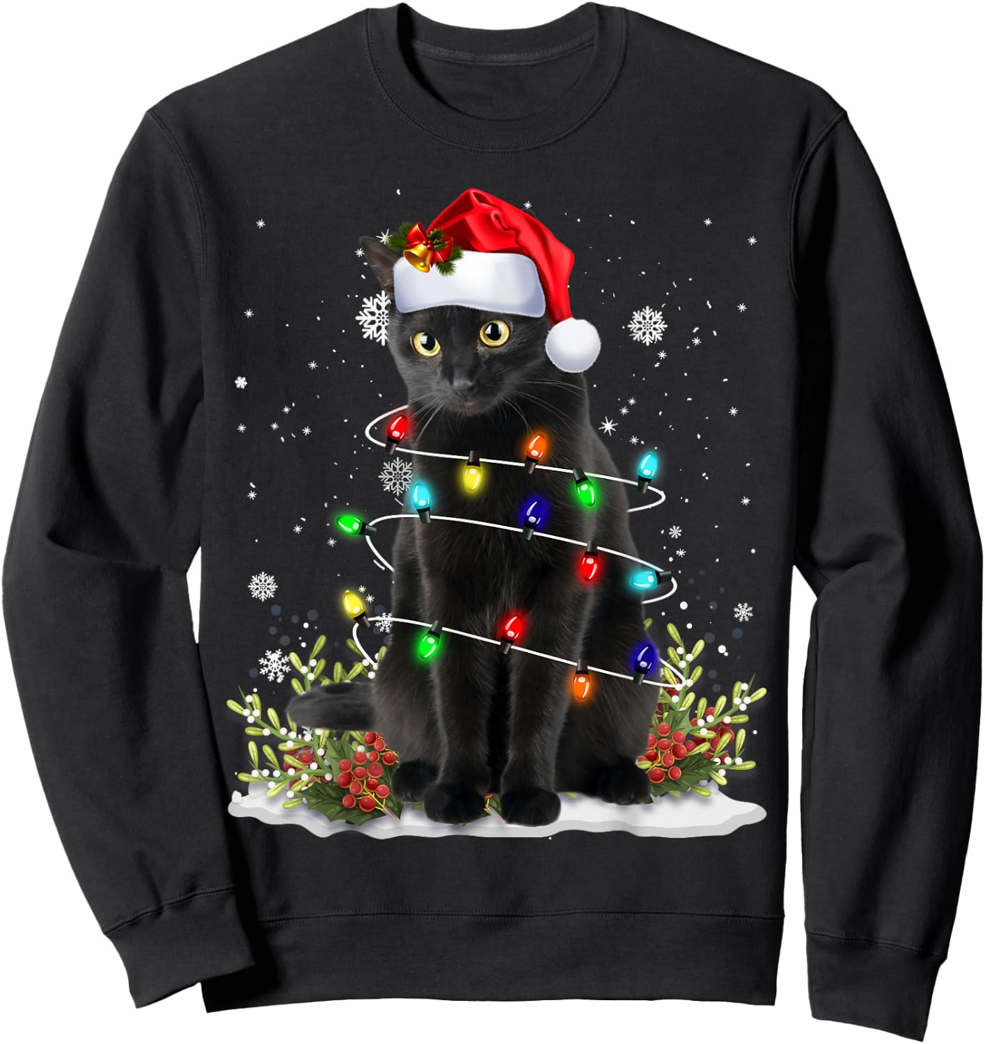 Black Cat Christmas Santa Hat Funny Meowy Cats Women Men Sweatshirt - Sweatshirt | Black