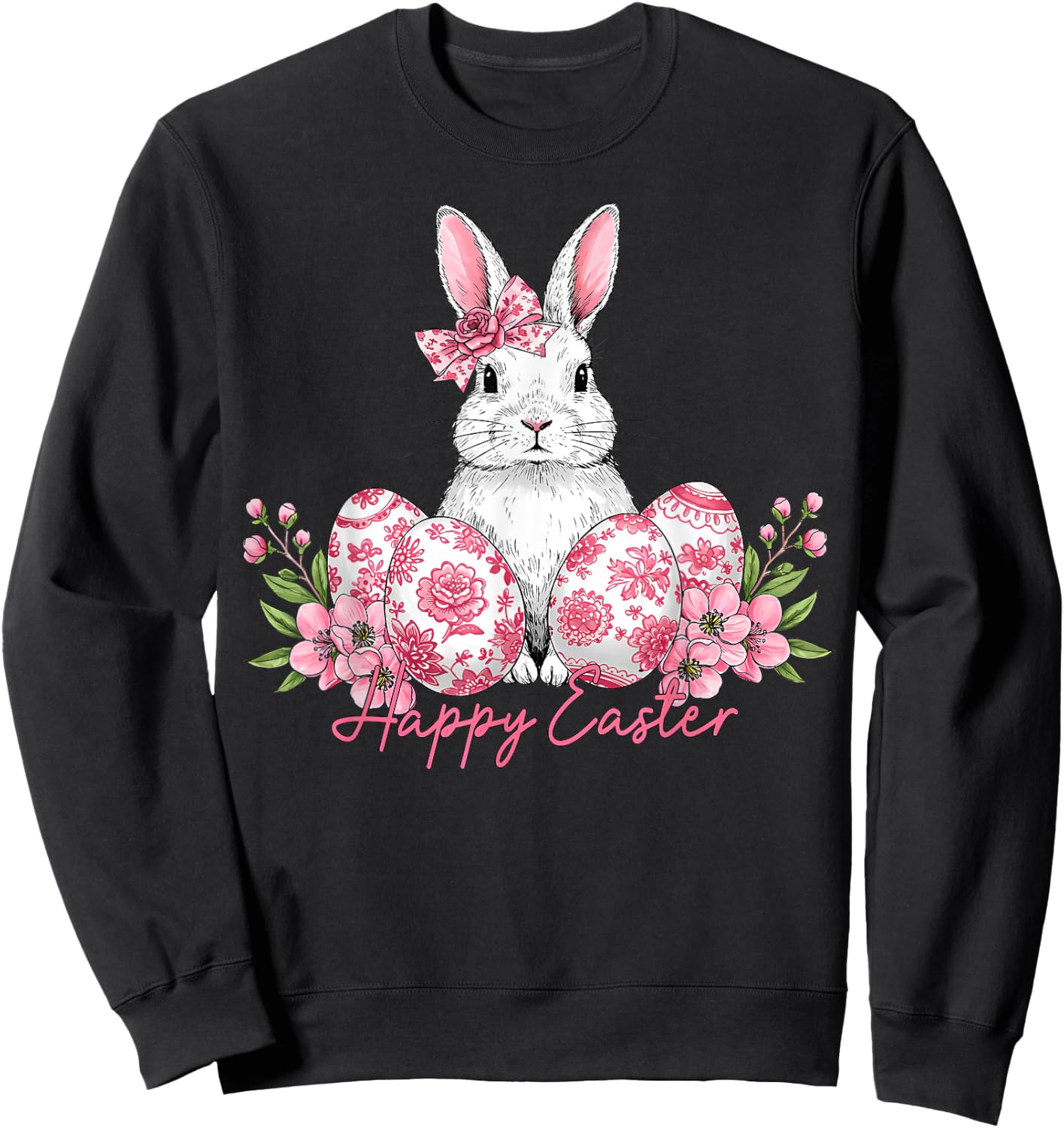 Happy Easter Chinoiserie Eggs Florals Bunny Coquette Bow Sweatshirt - Sweatshirt | Black