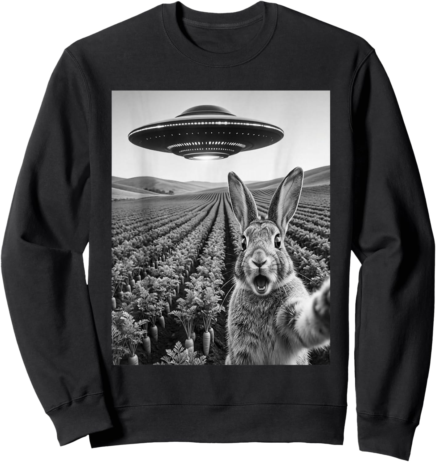 Rabbit Selfie with Alien UFO Funny Rabbit Lover Men Women Sweatshirt - Sweatshirt | Black