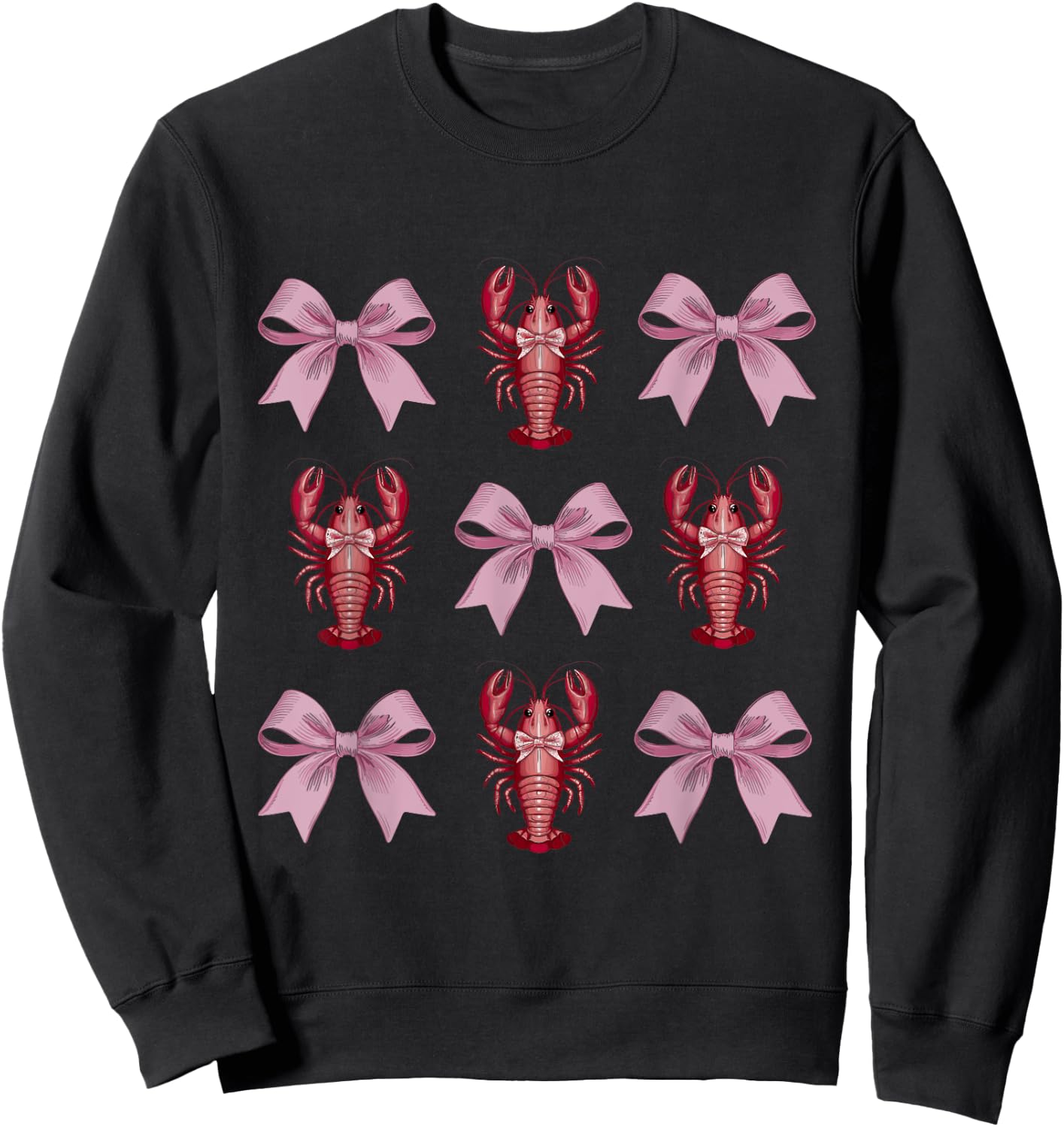 Cute Pink Bow Coquette Crawfish Clean Girl Aesthetic Lobster Sweatshirt - Sweatshirt | Black