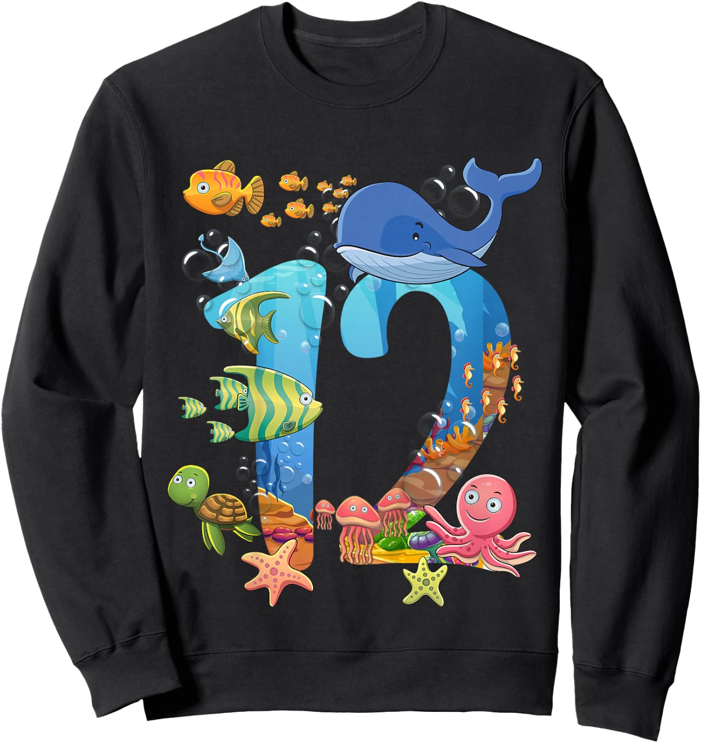 12 Years Old Sea Fish Ocean Animal 12th Birthday Boy Girl Sweatshirt - Sweatshirt | Black