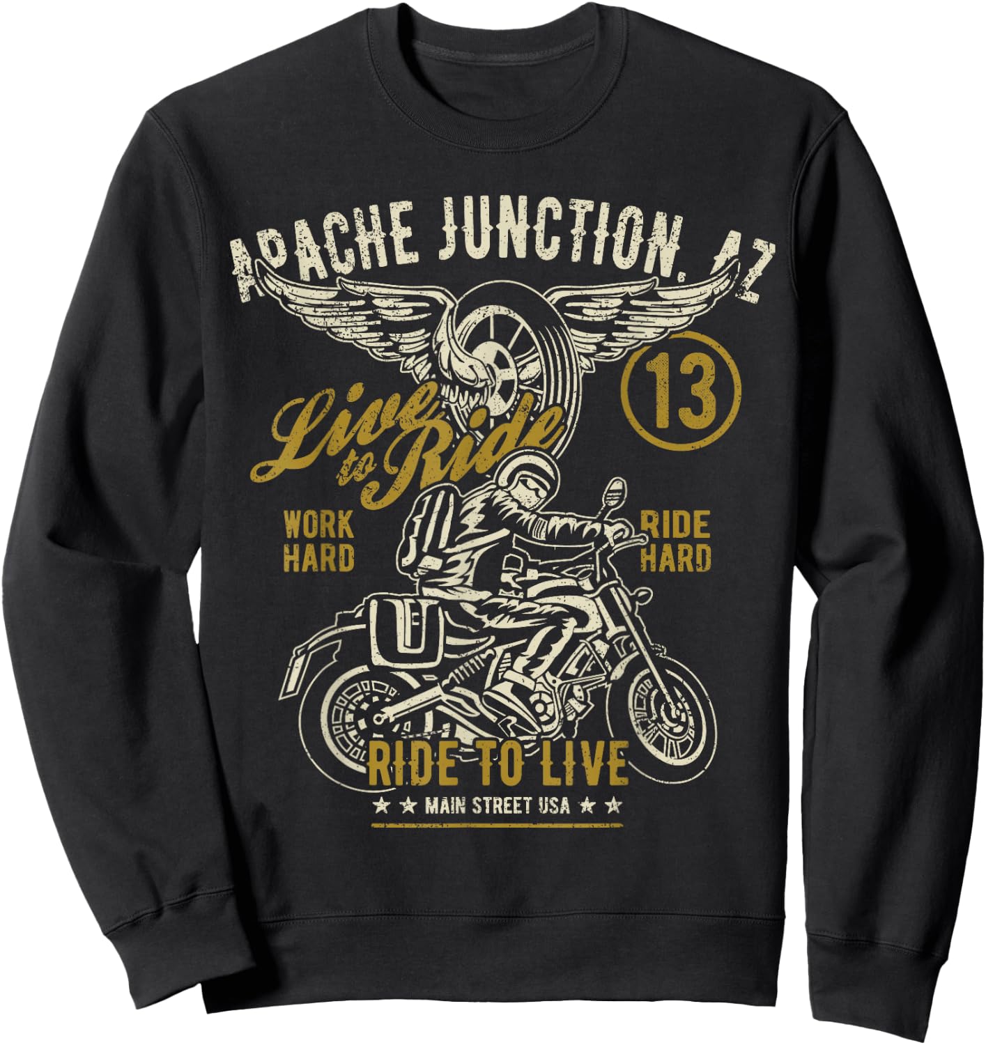 Apache Junction AZ USA Distressed Style Motorcycle Design Sweatshirt - Sweatshirt | Black