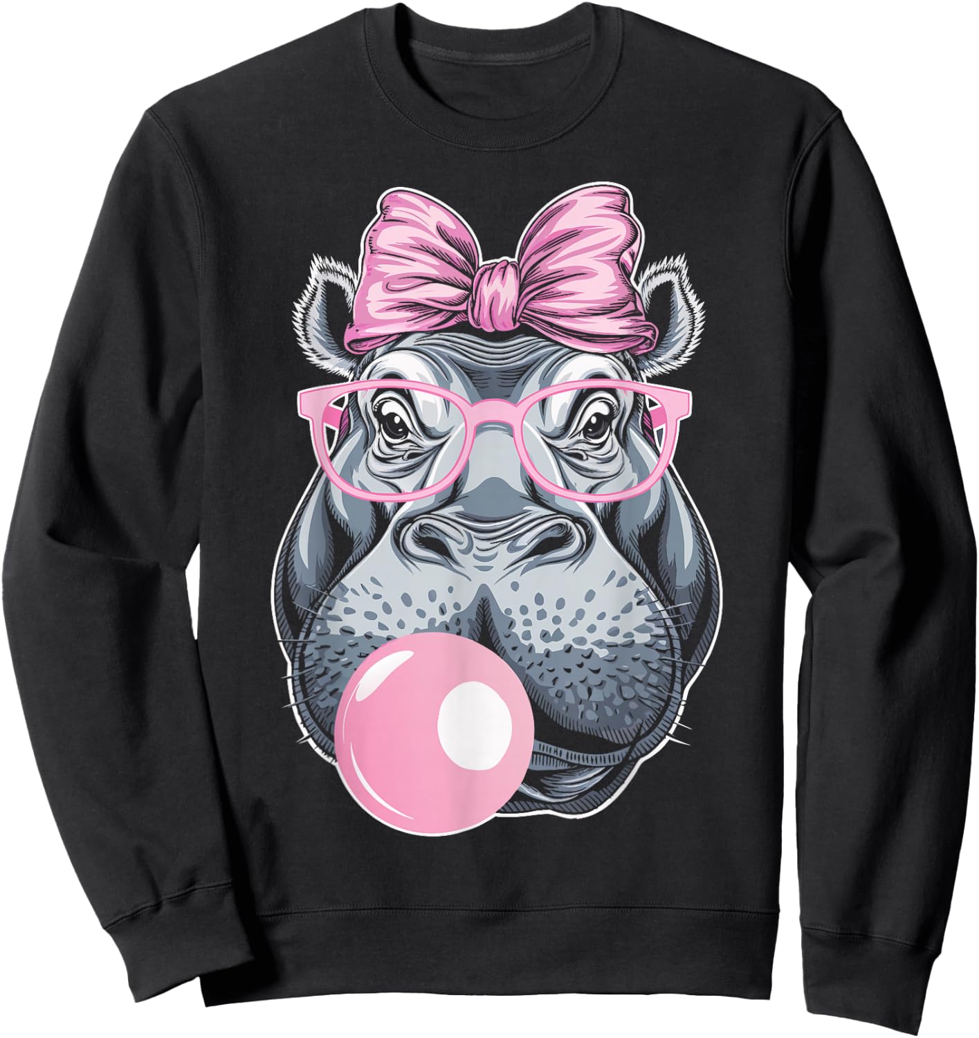 Hippo Wearing Glasses and Blowing Pink Bubble Gum Sweatshirt - Sweatshirt | Black