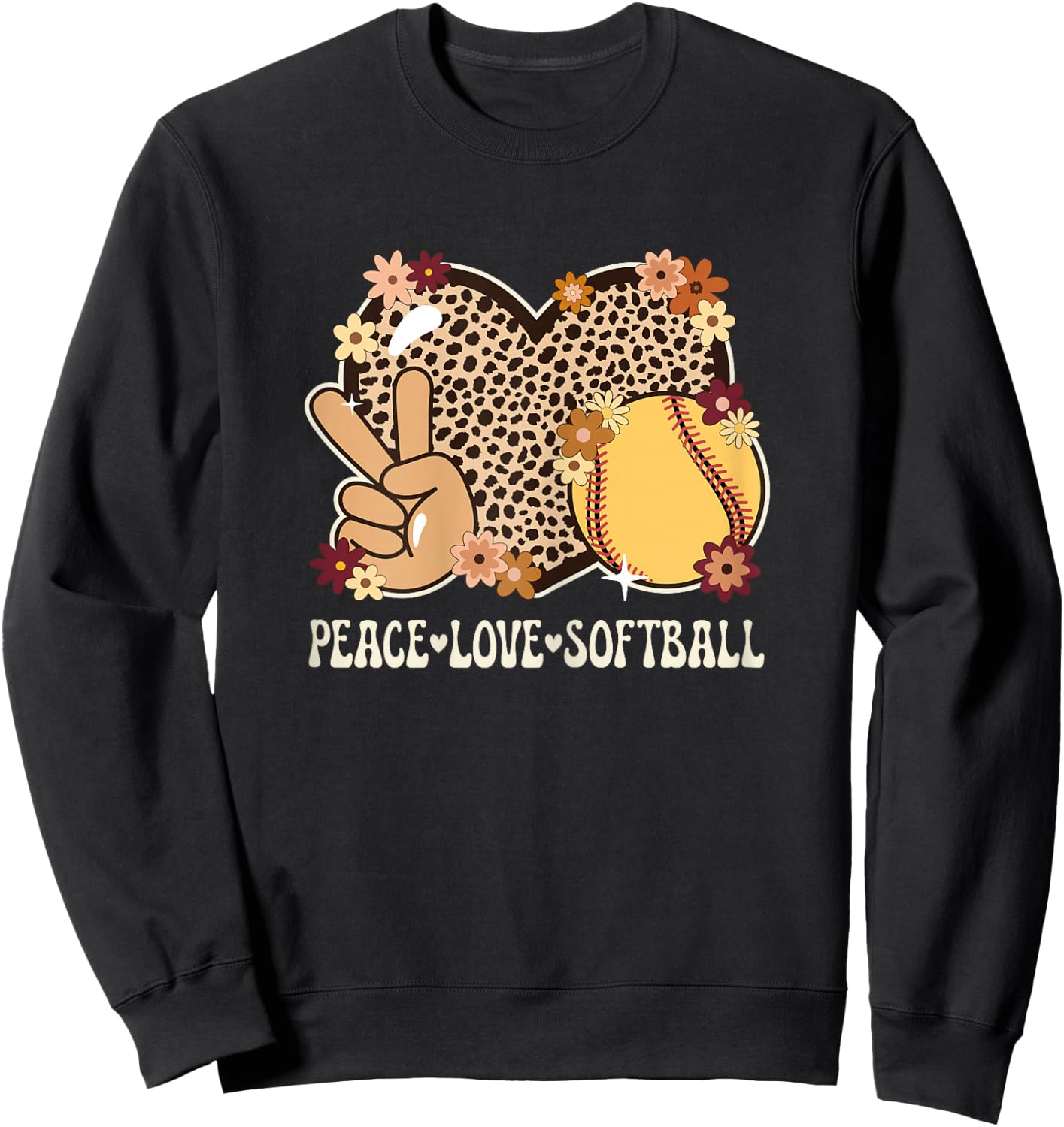 Peace Love Softball Lover Outfit Cheetah Print Girl Softball Sweatshirt - Sweatshirt | Black