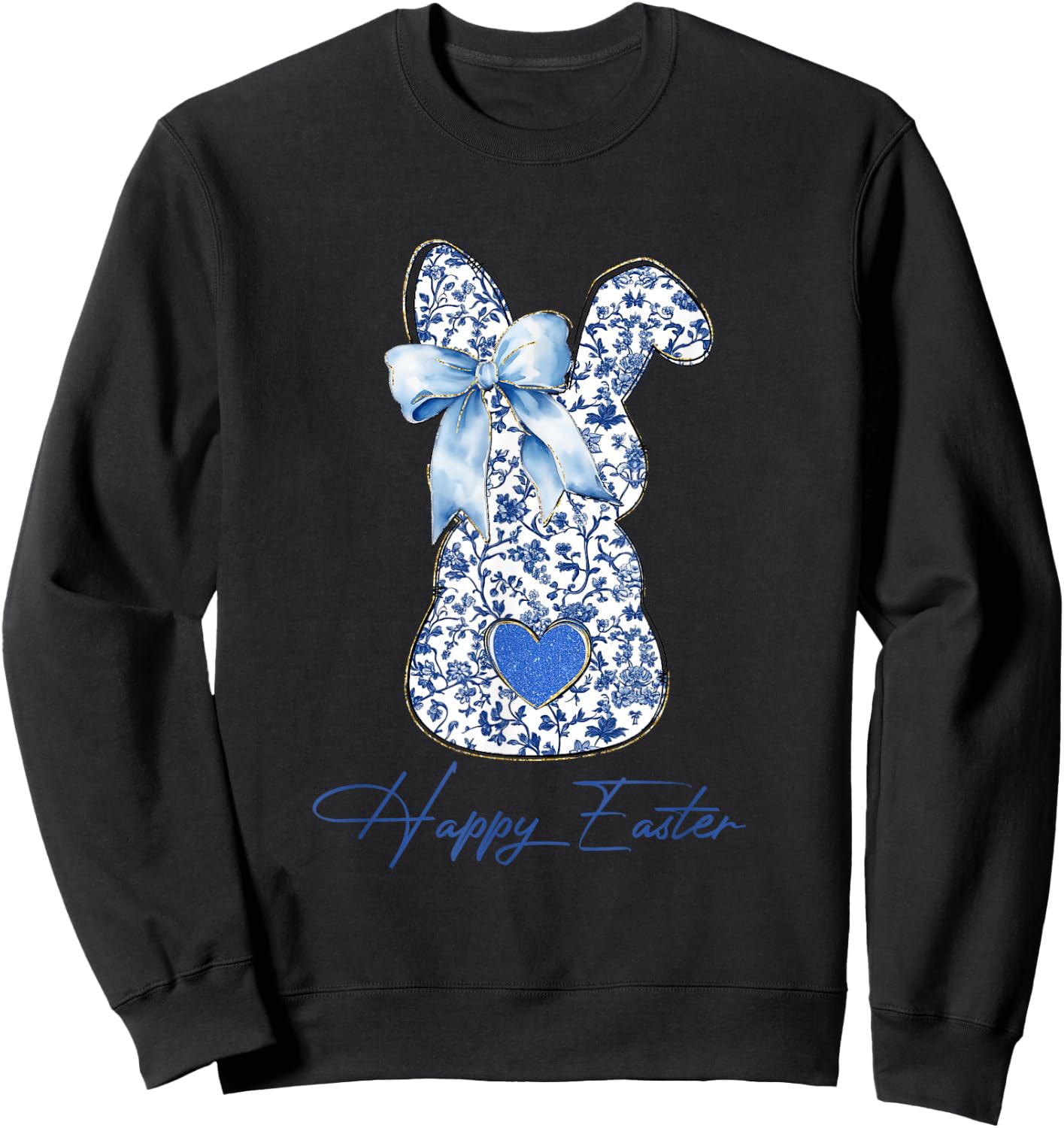 Happy Easter Blue Toile Chinoiserie Bunny Rabbit Women Girls Sweatshirt - Sweatshirt | Black