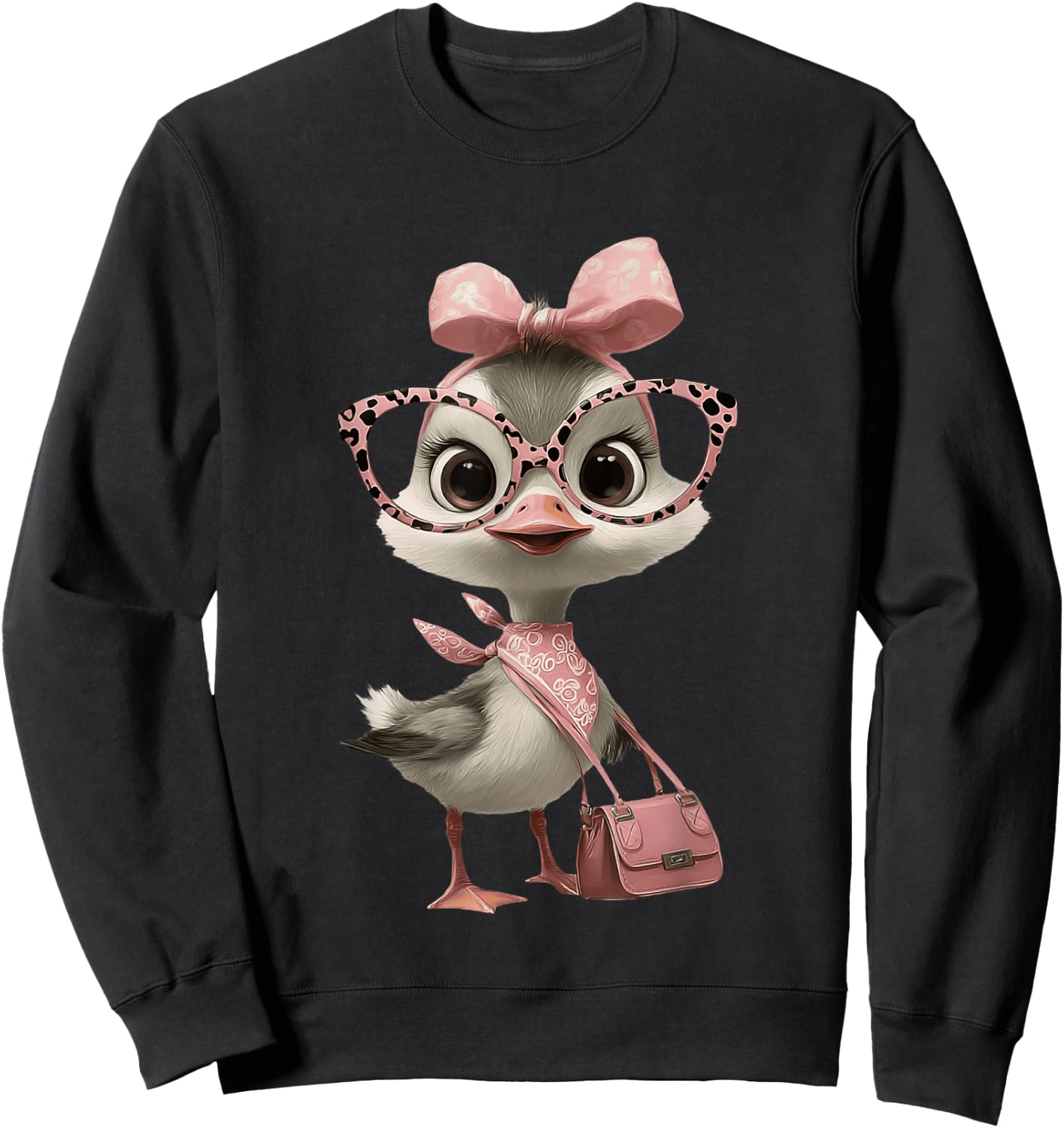 Baby Chick Kawaii Bird Pink Leopard Glasses Portrait Graphic Sweatshirt - Sweatshirt | Black