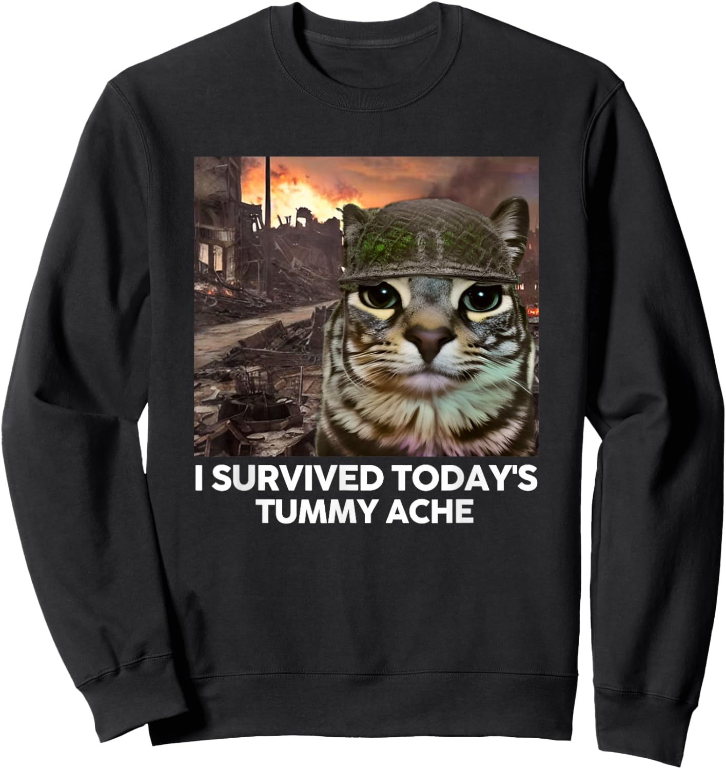 I Survived Today's Tummy Ache Funny Cat Meme Men Women Girls Kids Sweatshirt - Sweatshirt | Black
