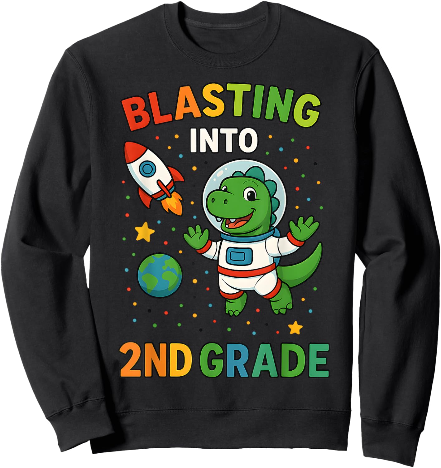 Blasting Into 2nd Grade Dinosaur Astronaut Back To School Sweatshirt - Sweatshirt | Black