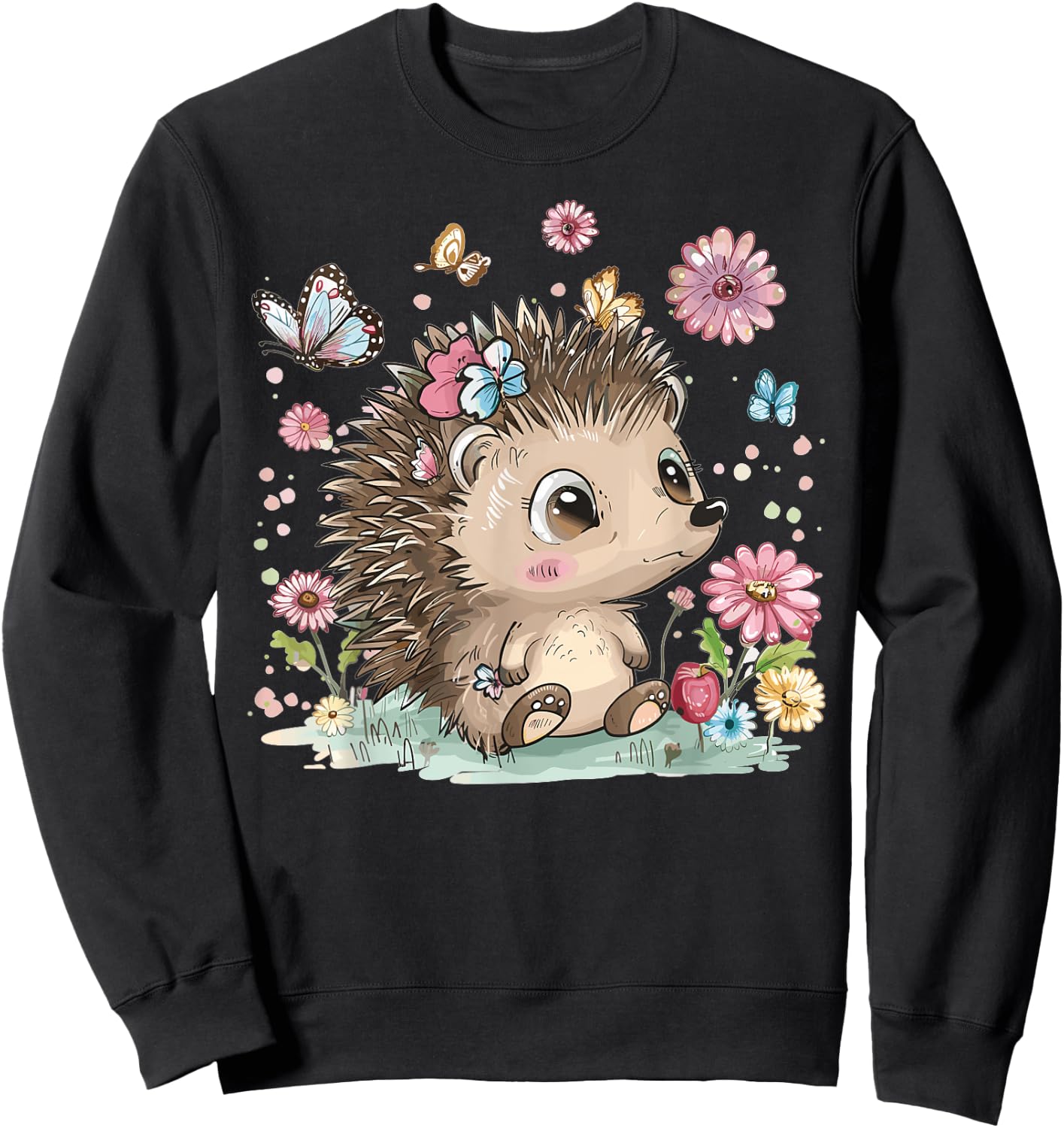 Cute Hedgehog With Flowers I Hedgehog Sweatshirt - Sweatshirt | Black