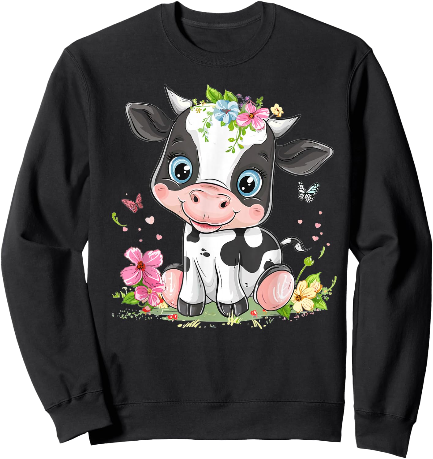 Cute Cow With Flowers I Kids Cow Sweatshirt - Sweatshirt | Black