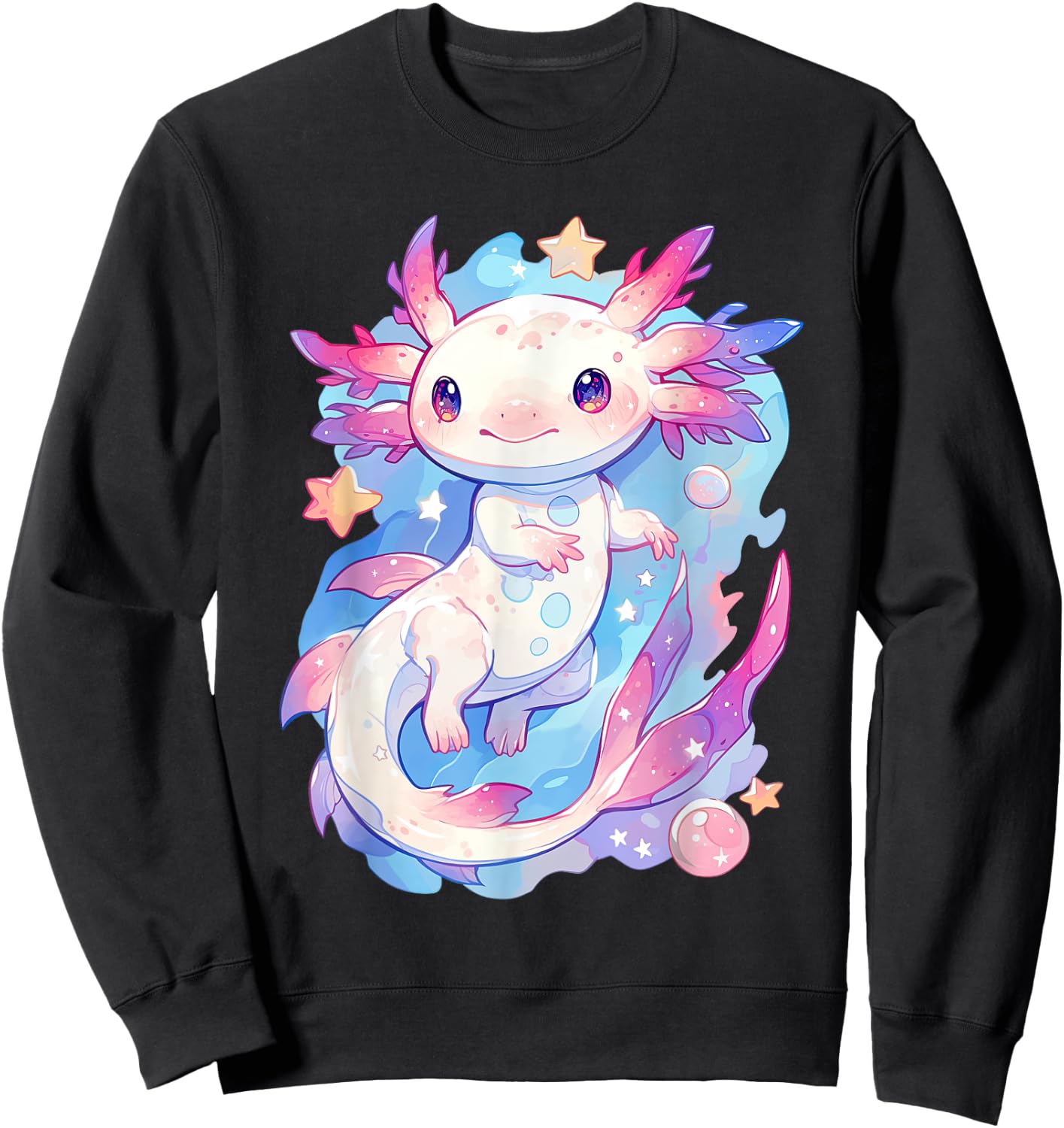 Kawaii Pastel Goth Cute Pink Axolotl with Stars and Moon Sweatshirt - Sweatshirt | Black