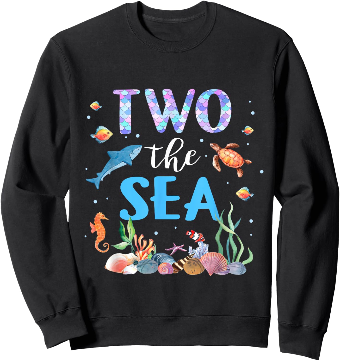 Two The Sea 2nd Birthday Baby Girl Outfits Mermaid Turtle Sweatshirt - Sweatshirt | Black