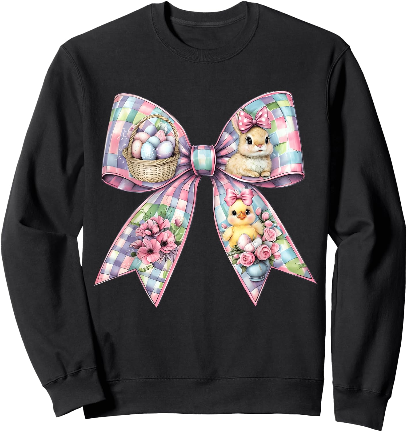 Happy Easter Bunny Coquette Bow Floral Spring Women Girl Kid Sweatshirt - Sweatshirt | Black