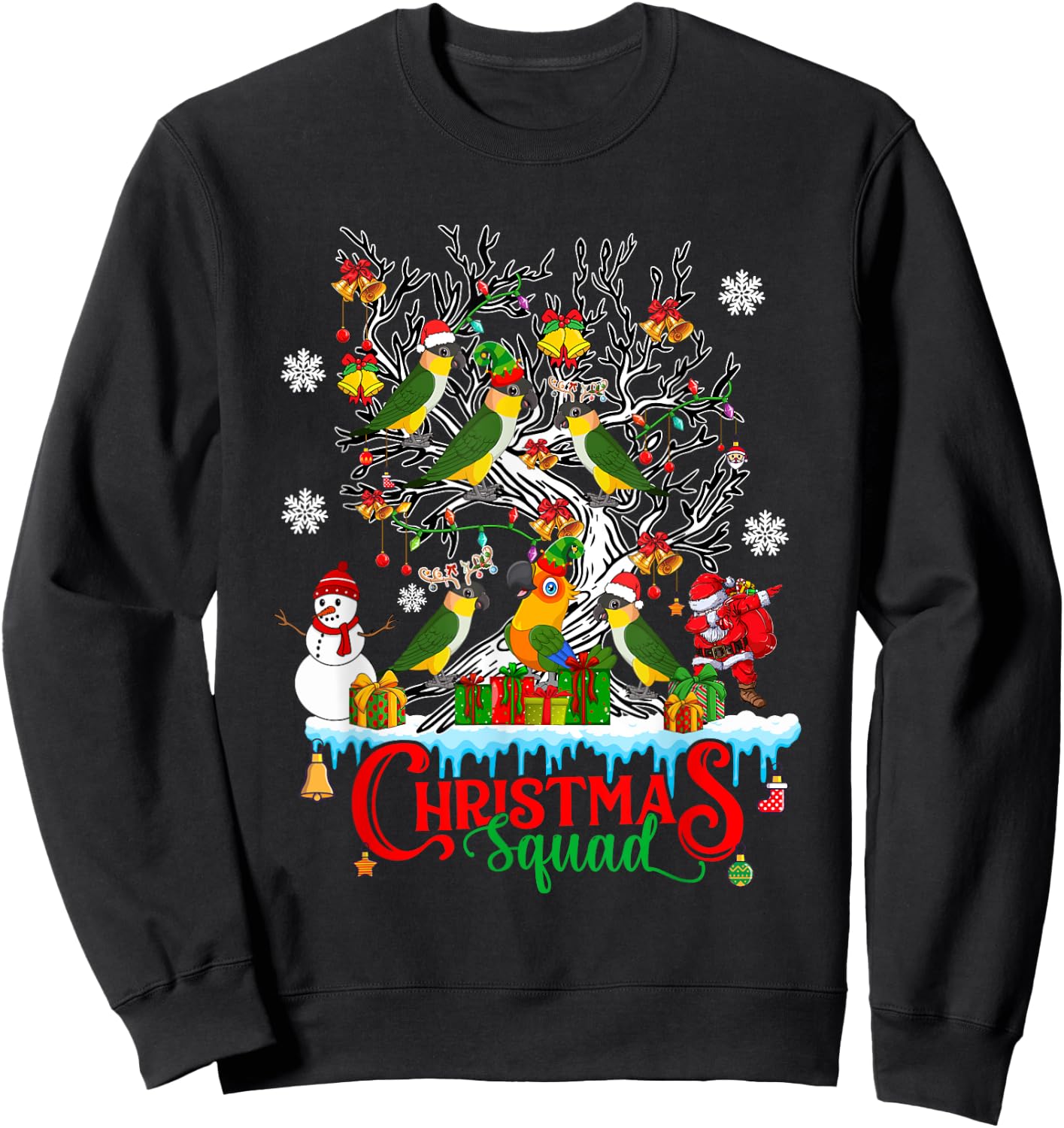 Christmas Squad Santa Reindeer Caique Parrots On Xmas Tree Sweatshirt - Sweatshirt | Black