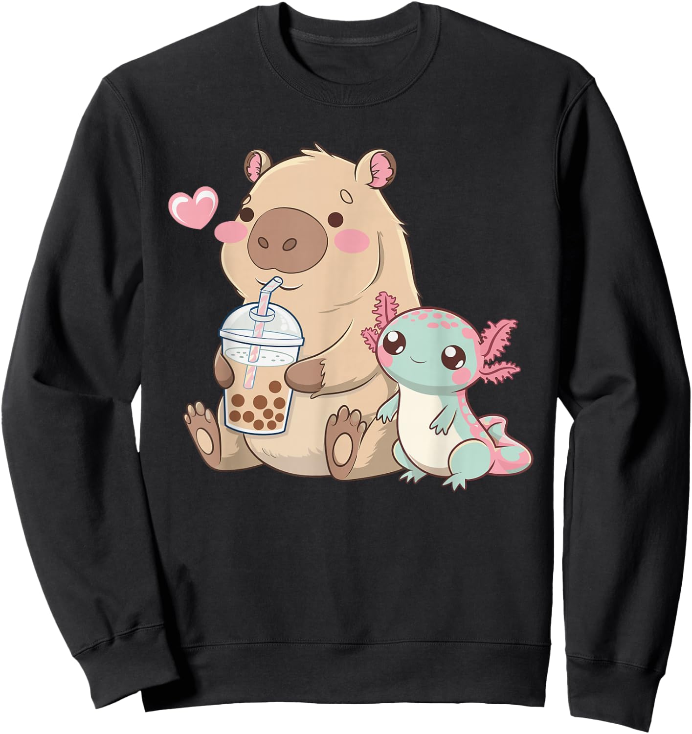Cute Axolotl Lover Capybara Kawaii Anime Drinking Bubble Tea Sweatshirt - Sweatshirt | Black