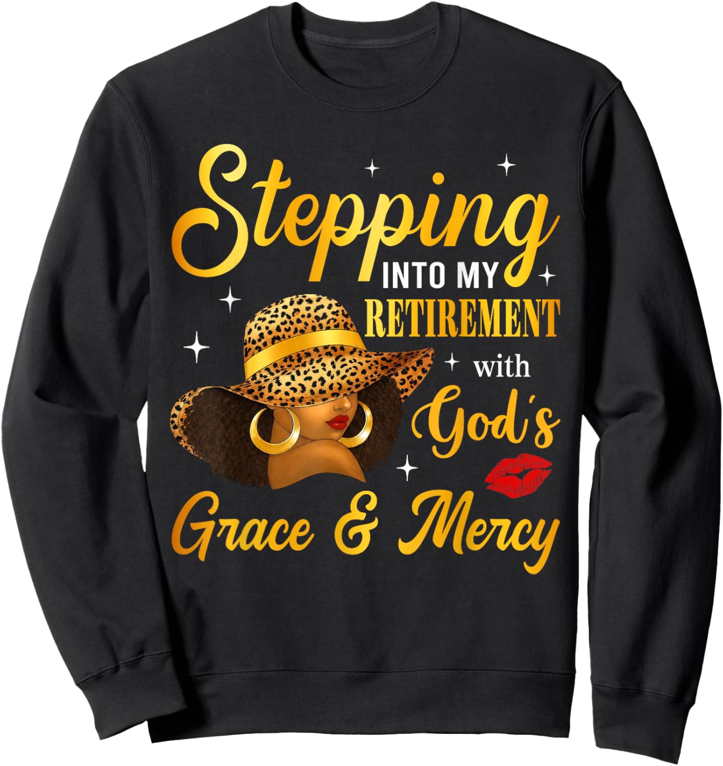 Stepping Into Retirement Afro Woman Leopard Sun Hat Retired Sweatshirt - Sweatshirt | Black