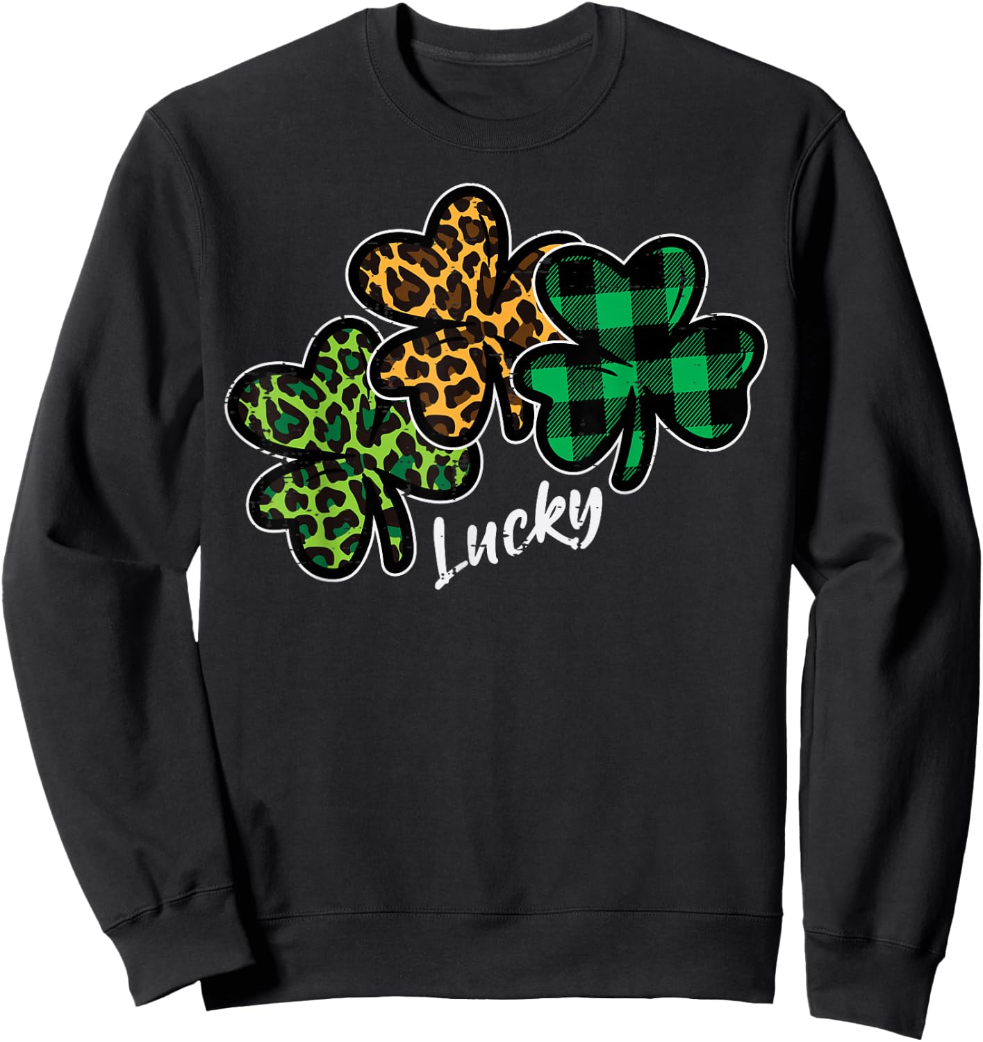 Leopard Shamrocks Lucky St Patricks Day Women Girls Kids Sweatshirt - Sweatshirt | Black