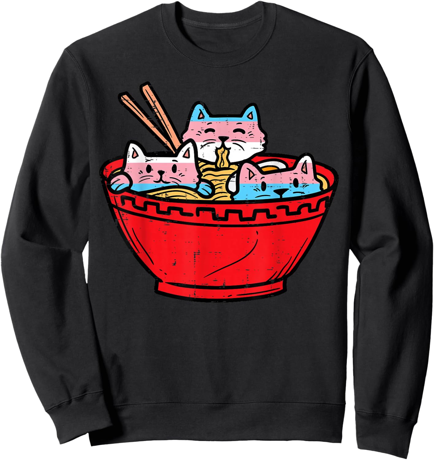 Ramen Cats Transgender Trans Pride Flag Japanese Noodle Food Sweatshirt - Sweatshirt | Black