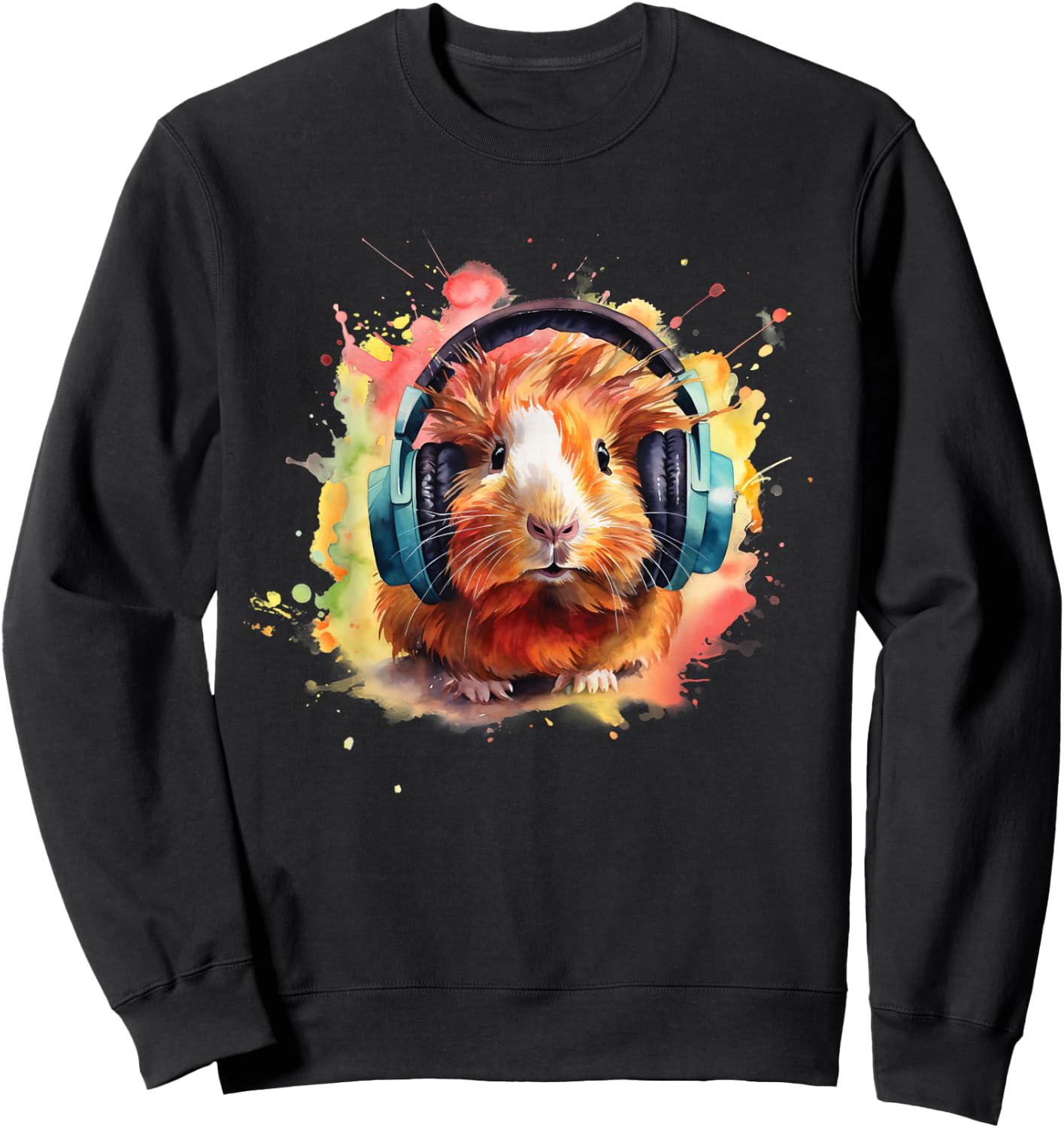 Watercolor Headphones Funny Guinea Pig Sweatshirt - Sweatshirt | Black