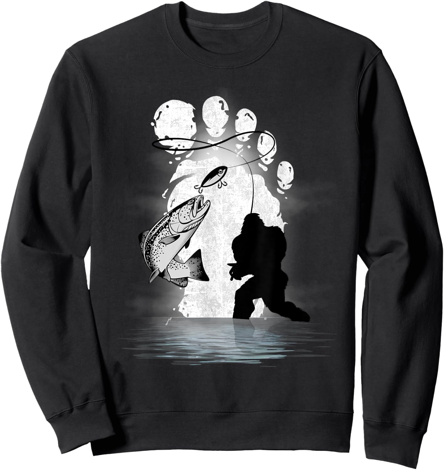 Bigfoot Fishing Trout Funny Fishing Sasquatch Sweatshirt - Sweatshirt | Black