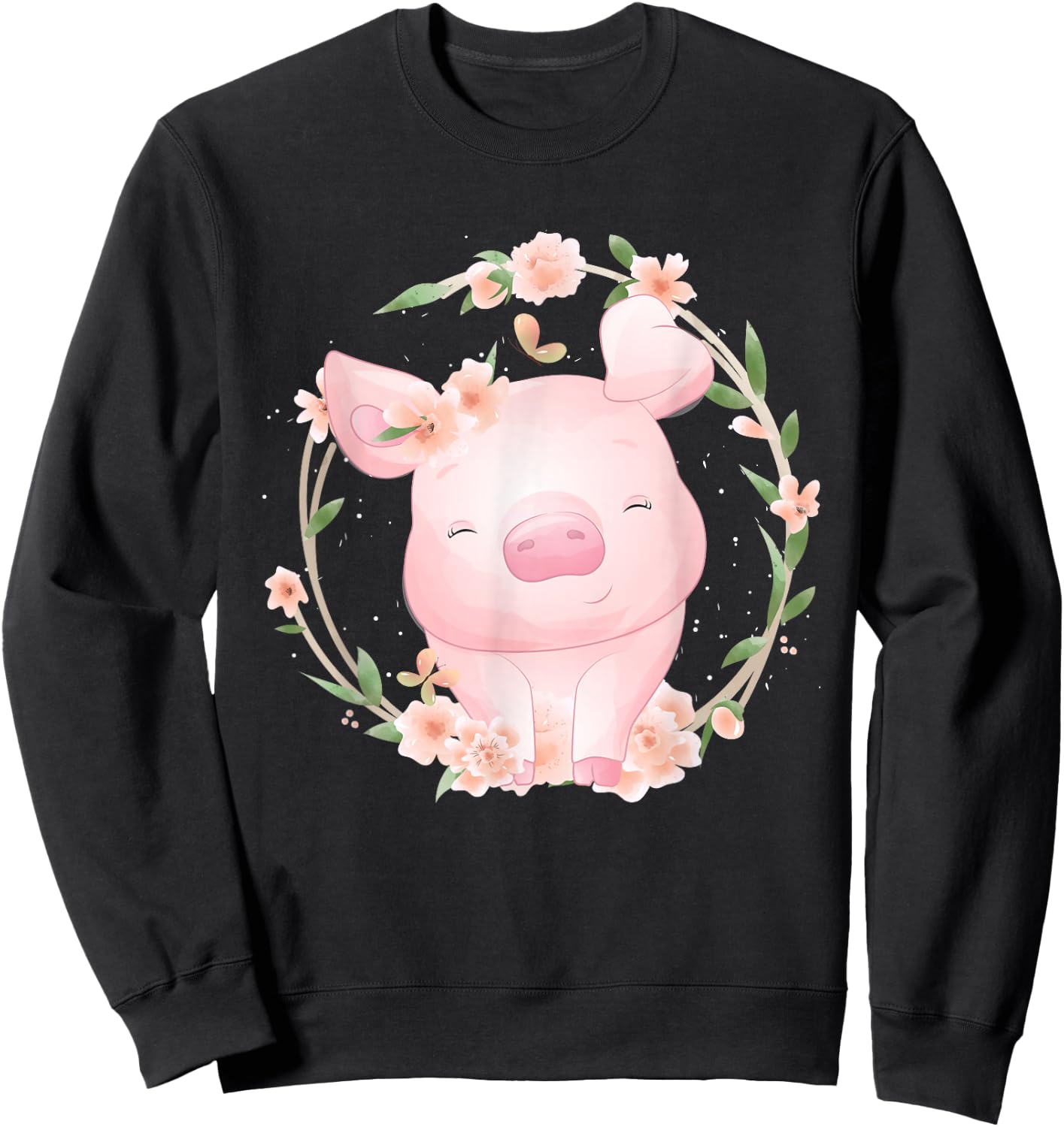 Cute Grinning Pig with Flowers Watercolour Sweatshirt - Sweatshirt | Black