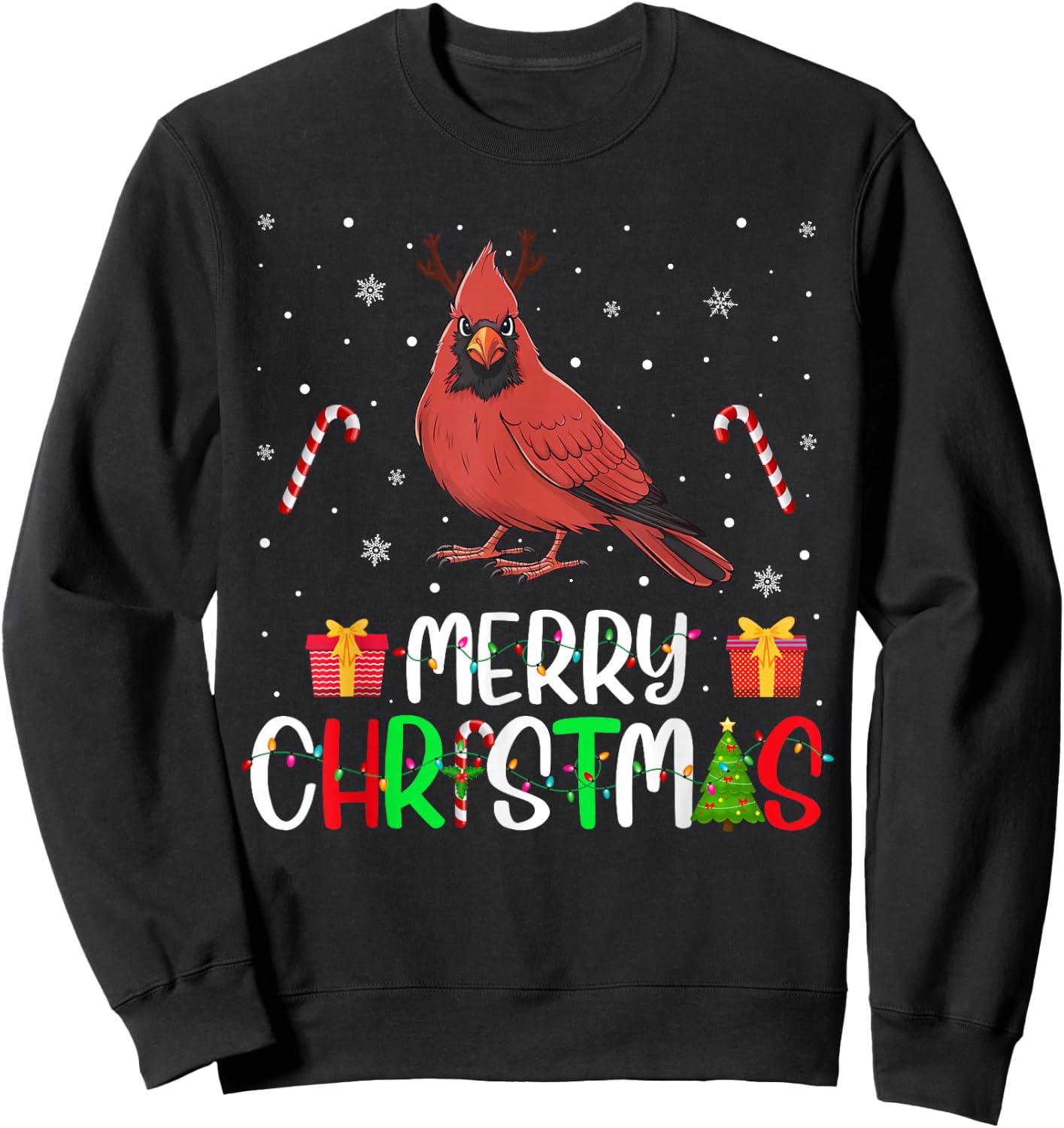 Merry Christmas Lights Cardinal Bird Reindeer Hat Xmas PJs Sweatshirt - Sweatshirt | Black