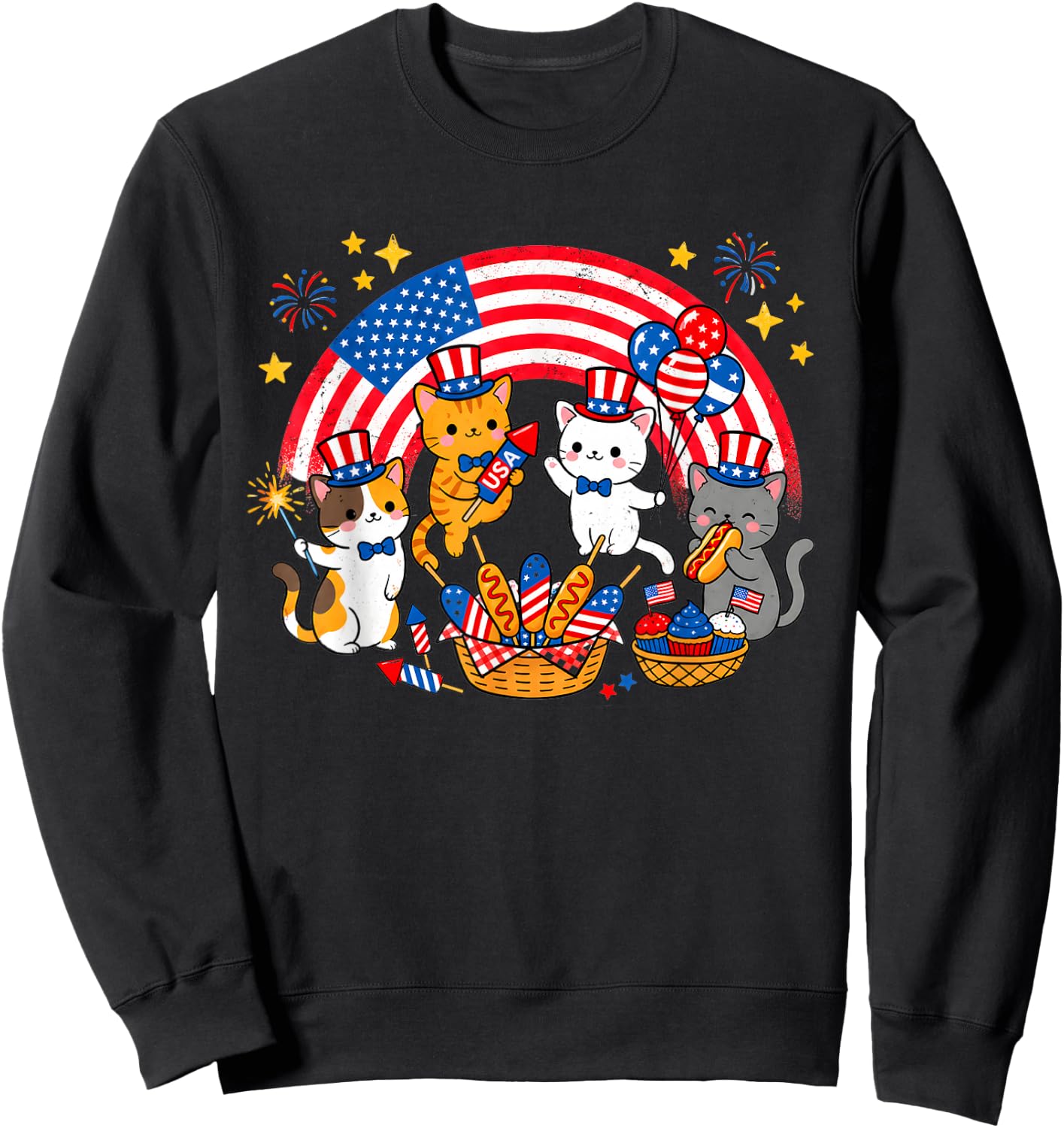 Patriotic Cat 4th of July Firework American Flag Women Girls Sweatshirt - Sweatshirt | Black