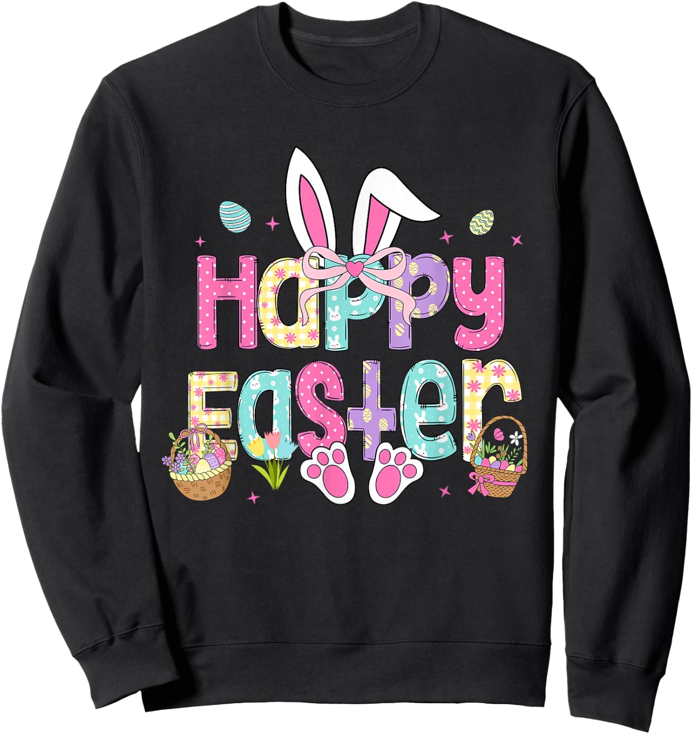 Happy Easter Cute Bunny Rabbit Easter Day Women Girls Sweatshirt - Sweatshirt | Black