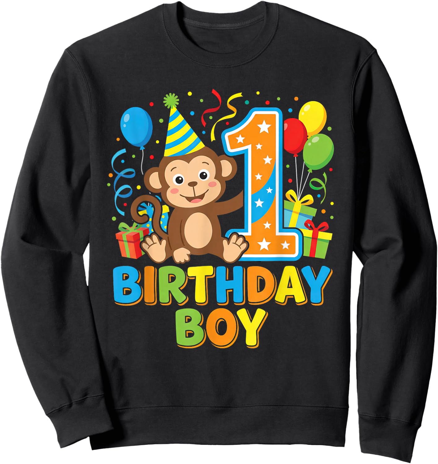 Cute Monkey One Year Old Boy Birthday Sweatshirt - Sweatshirt | Black