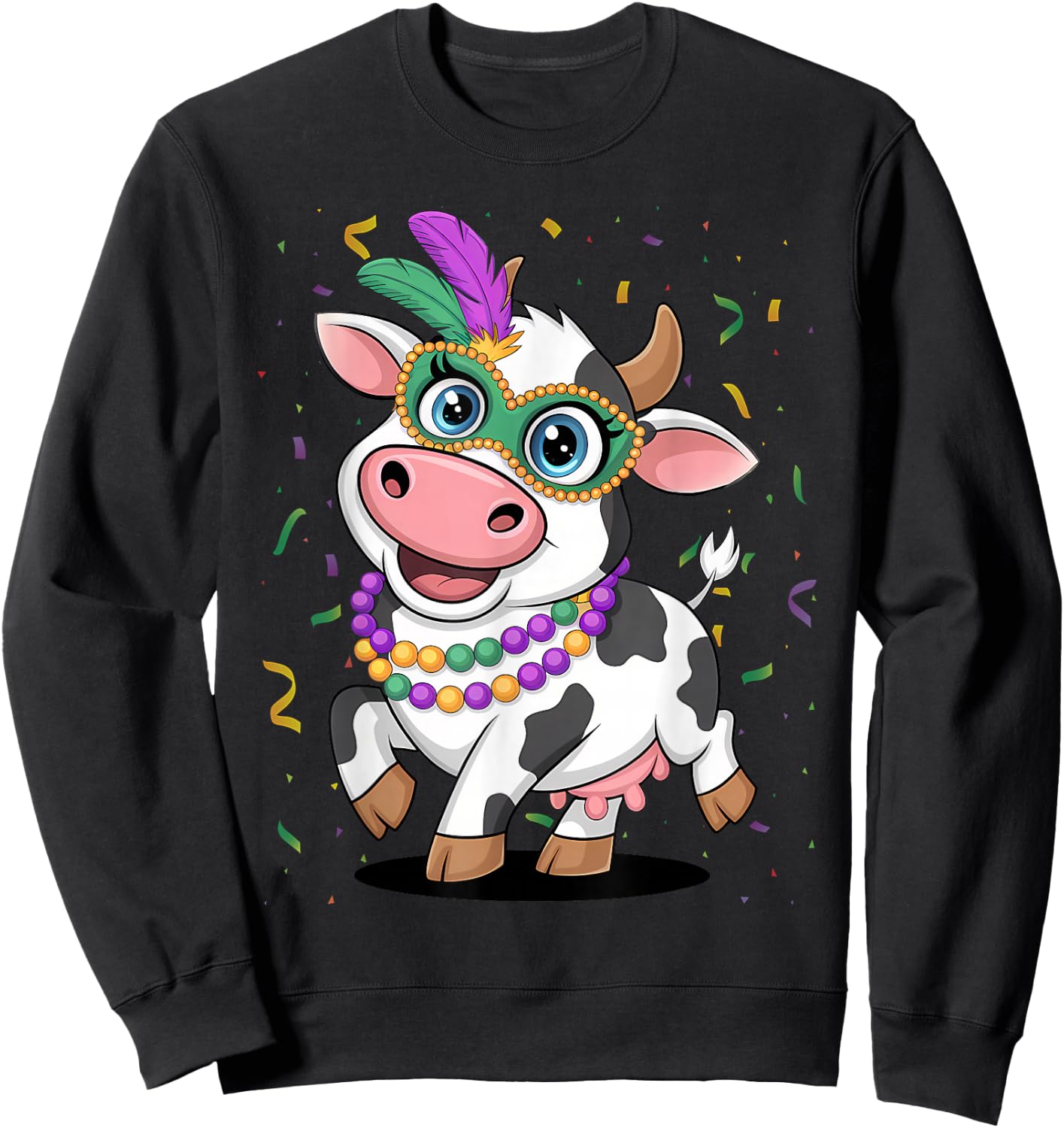 Mardi Gras Cow Wearing Mardi Gras Costume Beads Sweatshirt - Sweatshirt | Black