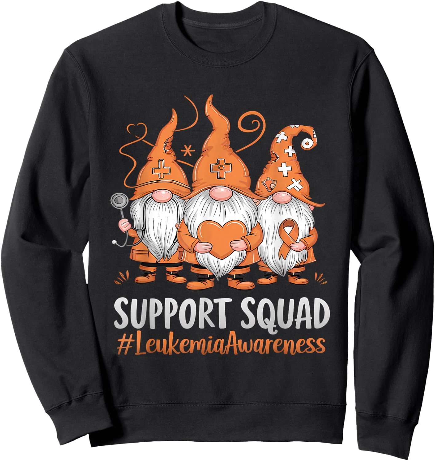 Leukemia Cancer Awareness Gnome Support Squad Orange Ribbon Sweatshirt - Sweatshirt | Black